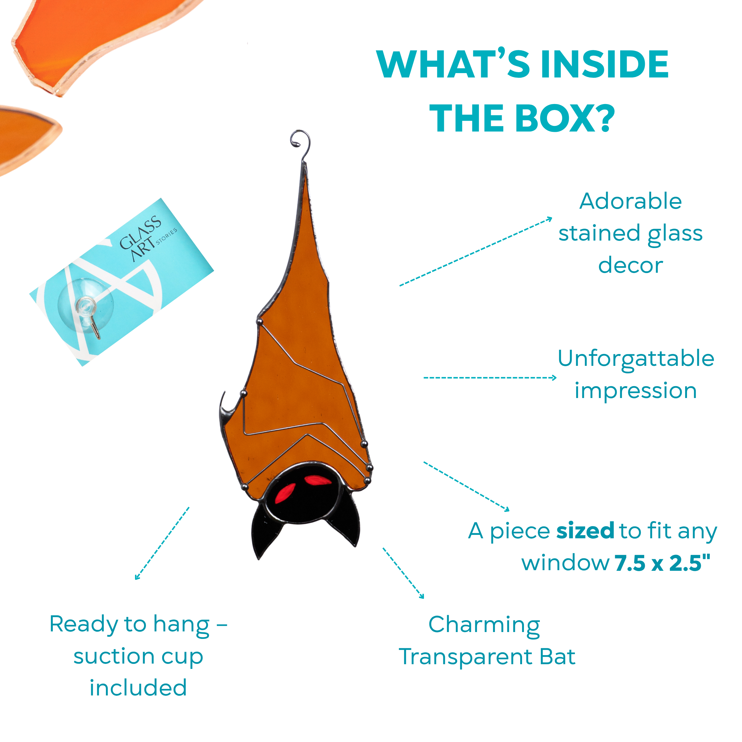 Box content preview with stained glass bat, suction cup, size info, and Halloween vibe.
