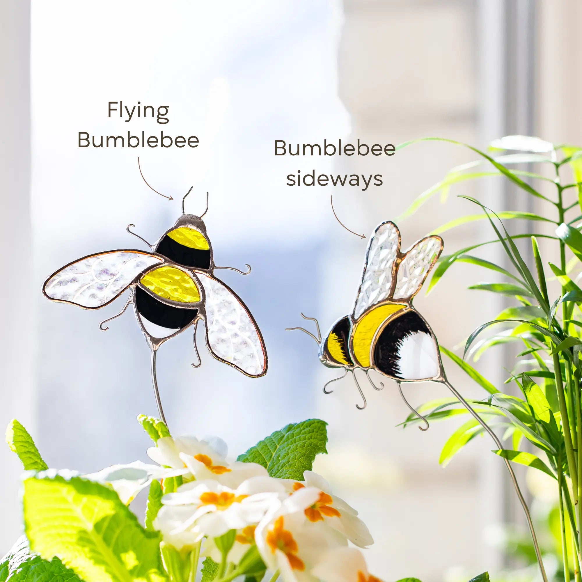 Variation of two stained glass bumblebees on flowers with labels indicating their positions: flying and sideways