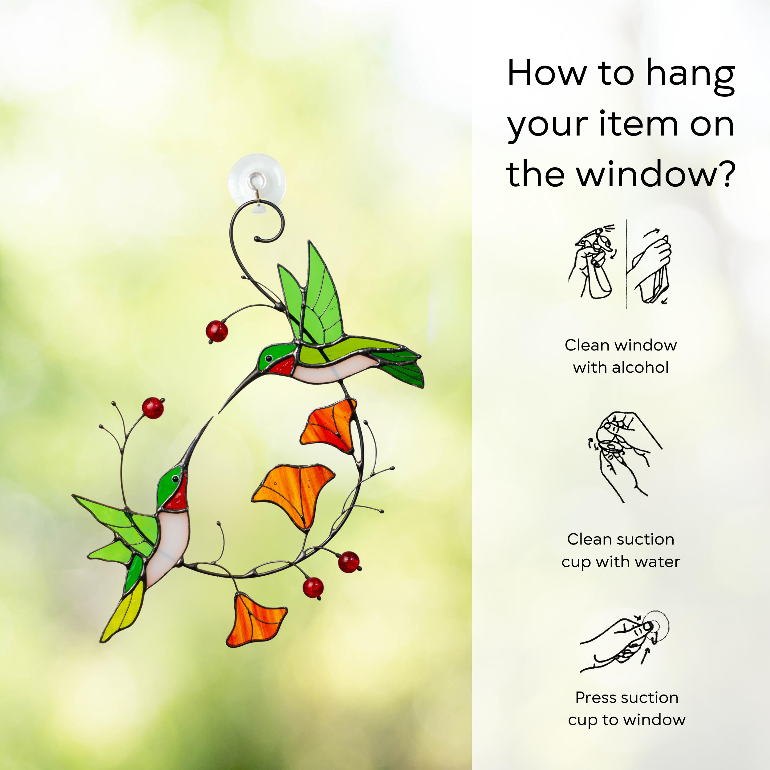 This handcrafted stained glass décor features two vibrant hummingbirds with orange flowers, hung with a suction cup. A colorful, artistic piece perfect for autumn-inspired window displays, gifts, or garden décor.