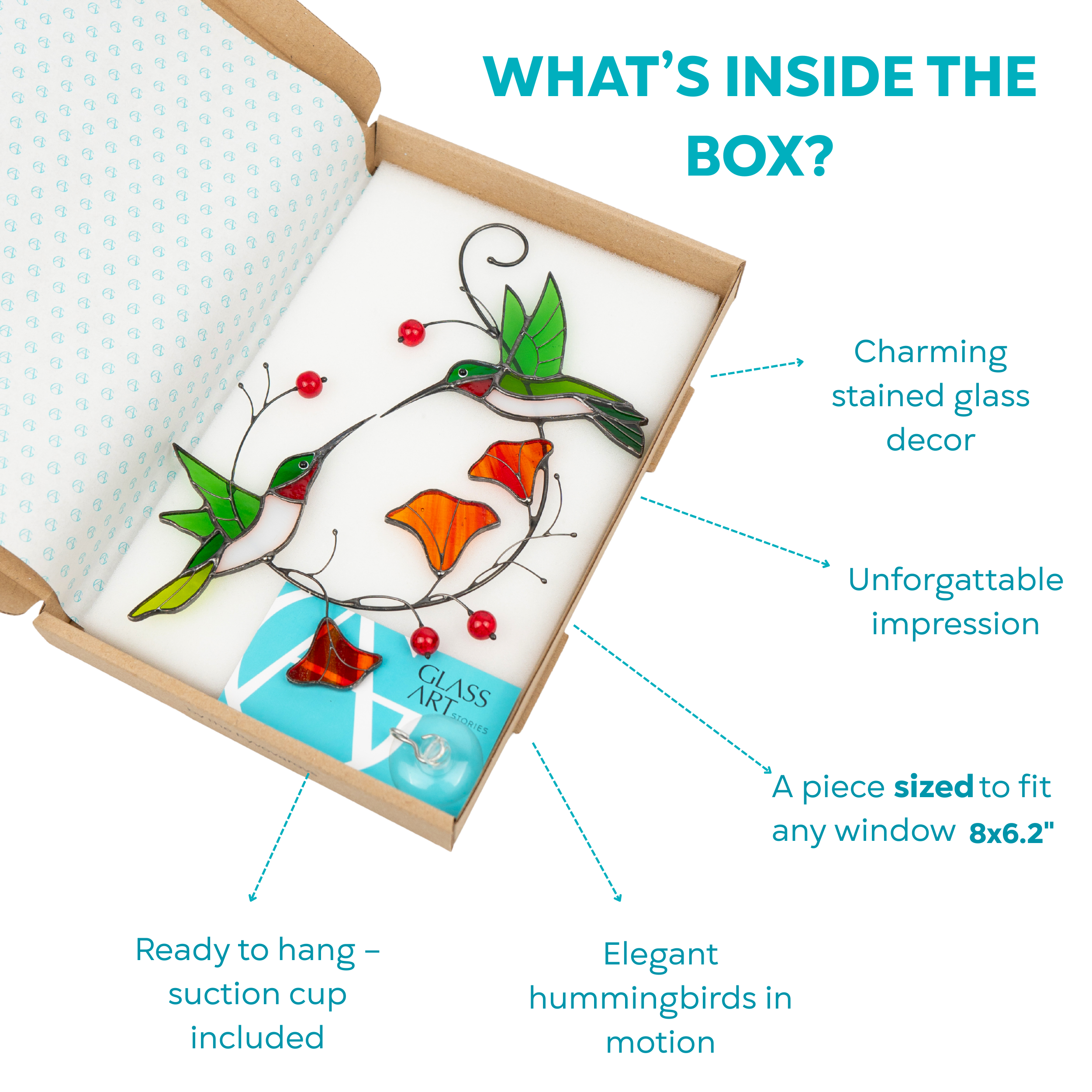 This elegant hummingbird stained glass set arrives gift-ready in a sturdy box with a suction cup included.