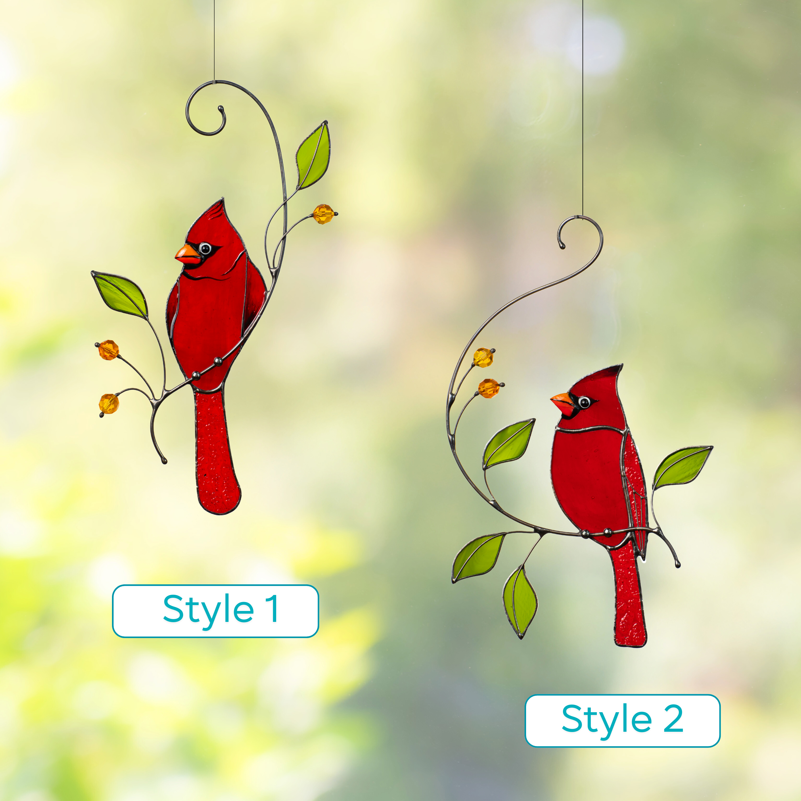 Side-by-side view of two stained glass cardinal styles labeled Style 1 and Style 2 with leaf and beads accents.