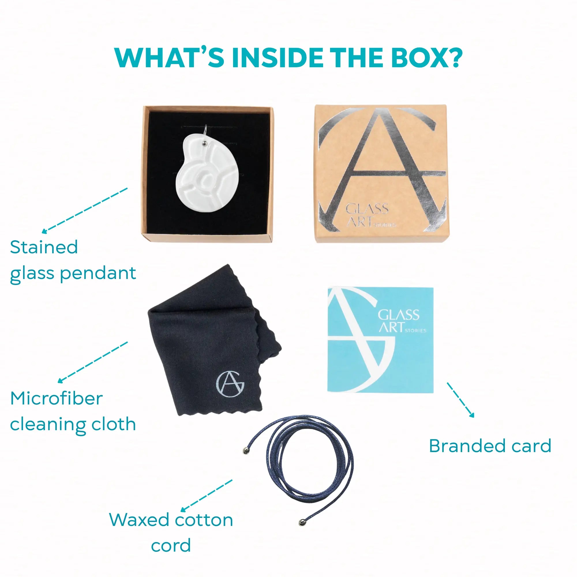 Product packaging with stained glass pendant, microfiber cleaning cloth, waxed cotton cord, and branded card on a white background.