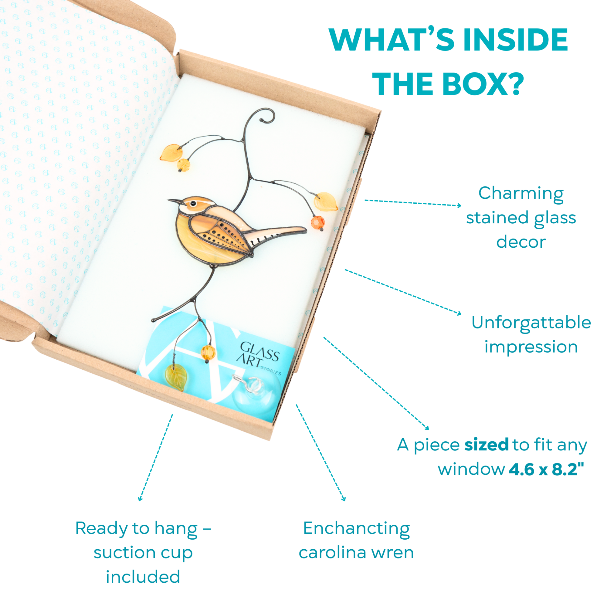 Box with foam insert holding a Carolina wren stained glass suncatcher, suction cup, and branded card