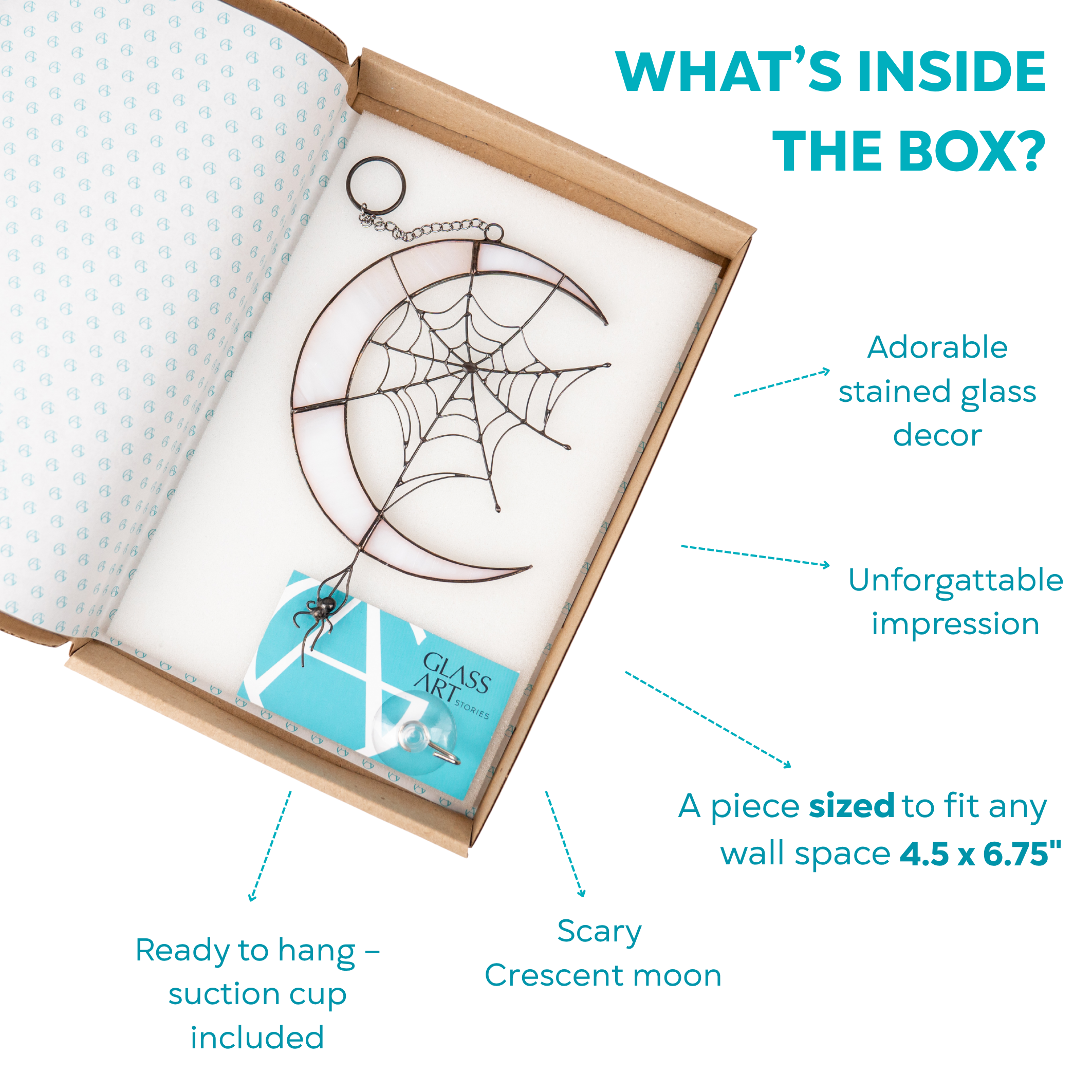 Opened packaging box showing the stained glass spider moon suncatcher, with suction cup and branded card.