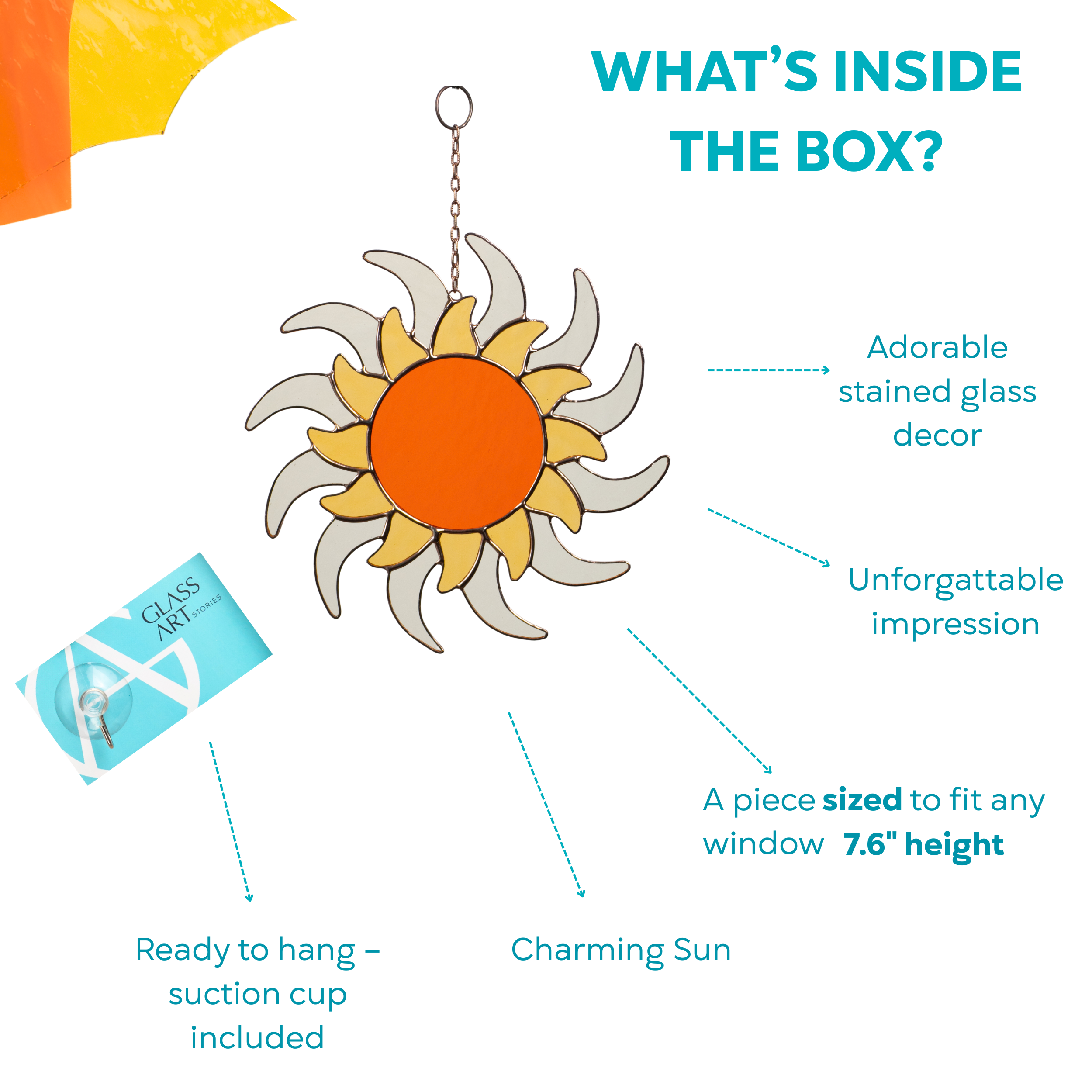 Infographic showing what's included in the gift box: stained glass sun suncatcher with chain and suction cup, labeled with key features.