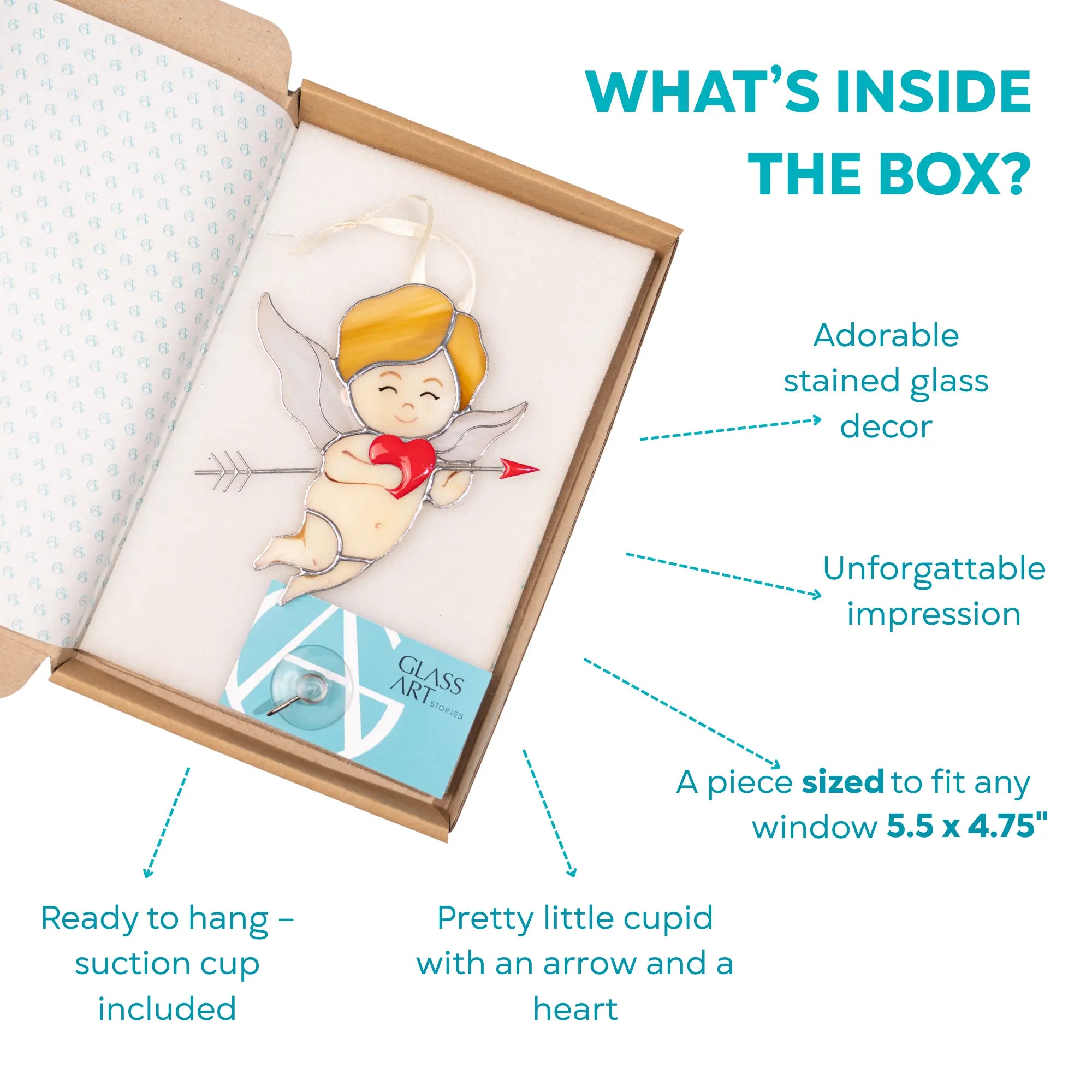 Infographic showing what’s inside the box: stained glass cupid suncatcher, suction cup included, ready to hang, size 5.5 x 4.75 inches.