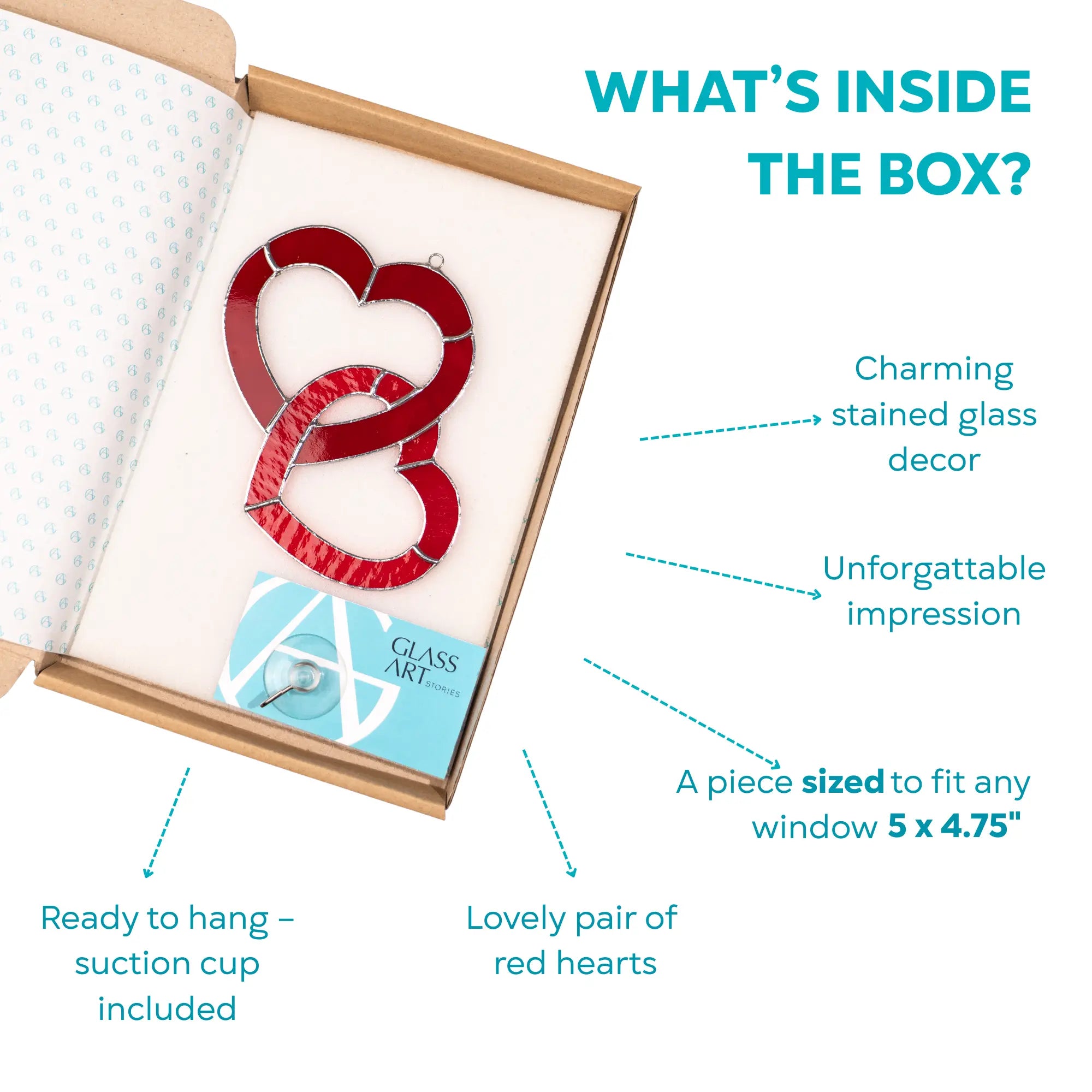 Infographic showing what’s inside the box: red stained glass double heart suncatcher, suction cup included, ready to hang, size 5 x 4.75 inches.