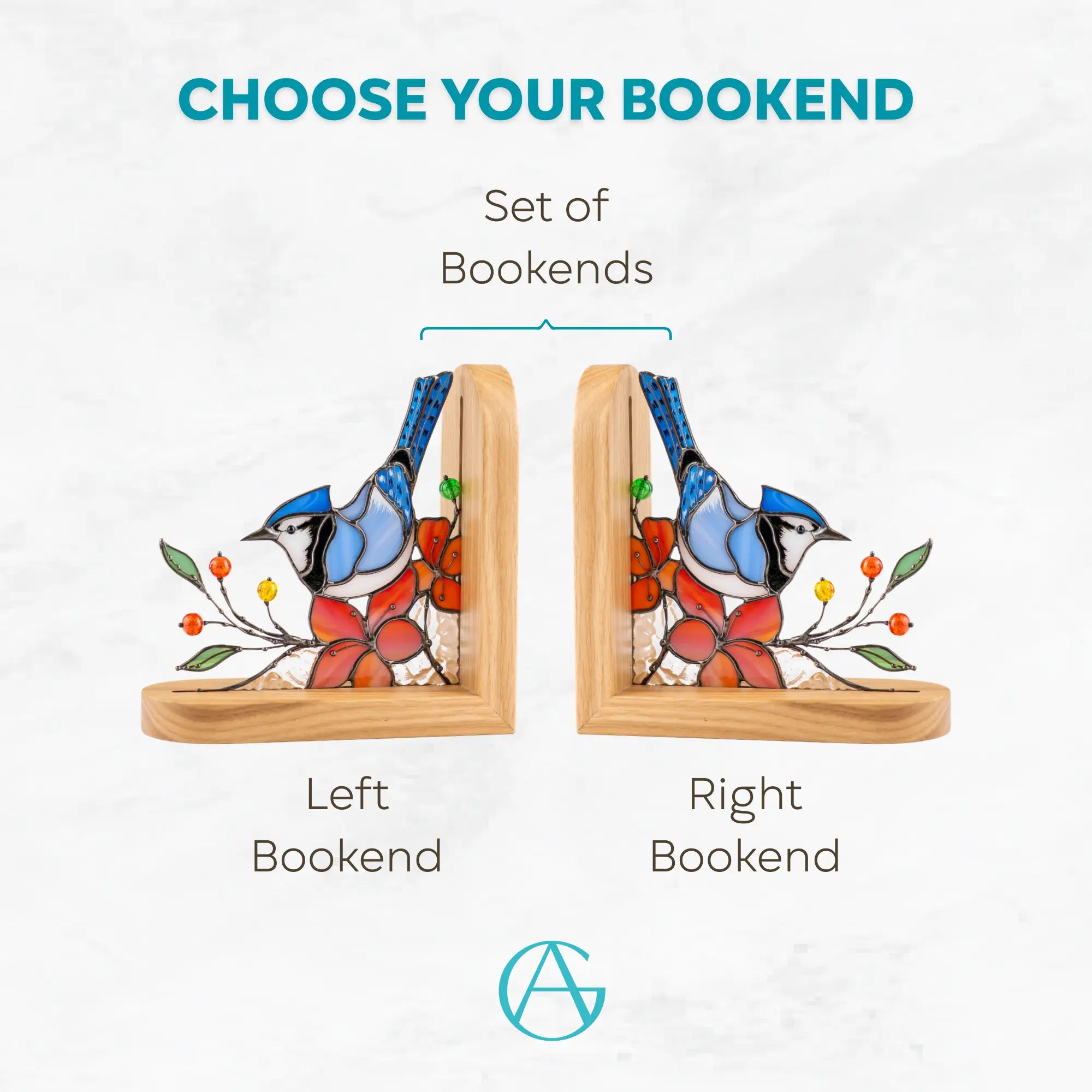 Variation of bookends with blue jay and floral design: left bookend, right bookend and set of both