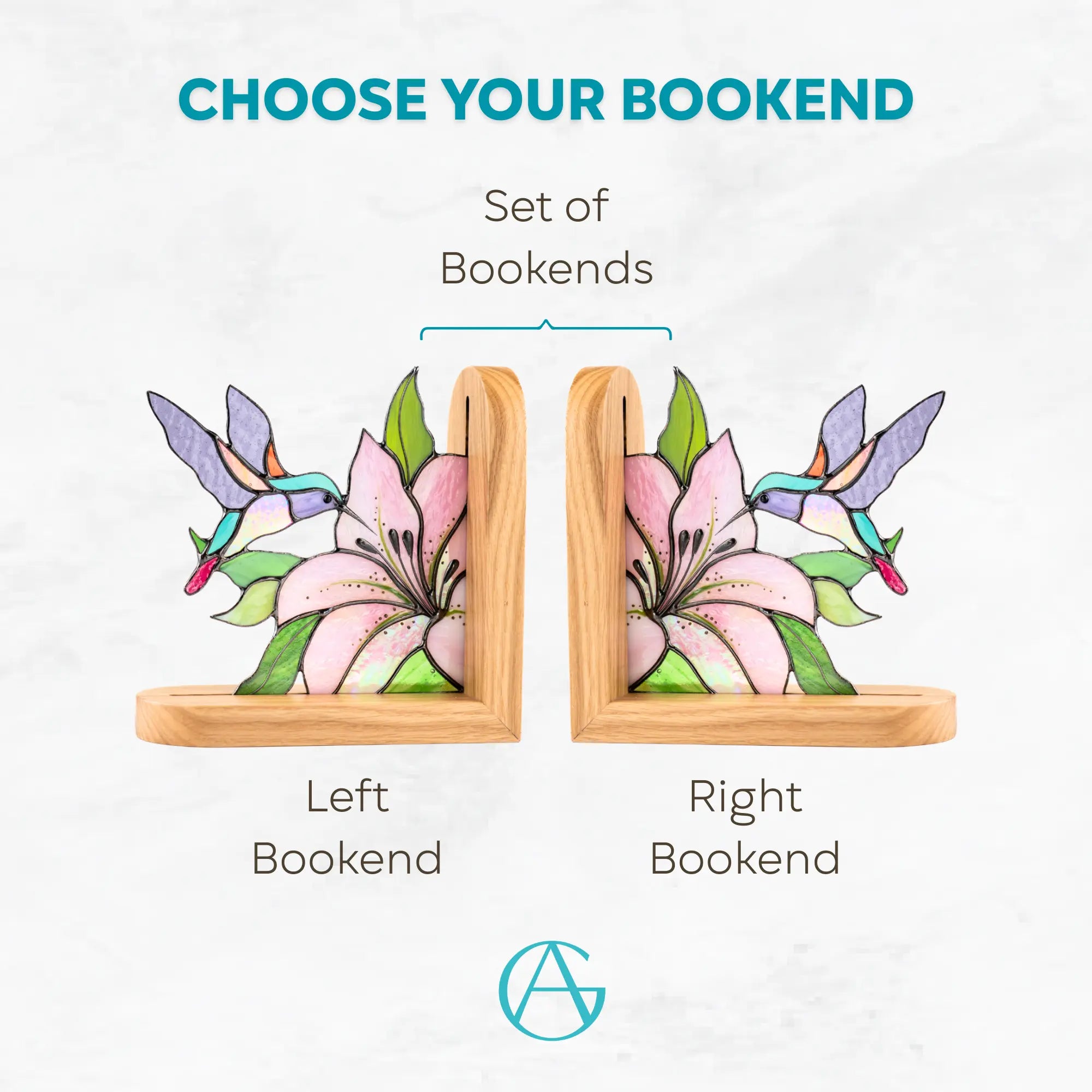 Variation of bookends with hummingbird and floral design: left, right, set of two