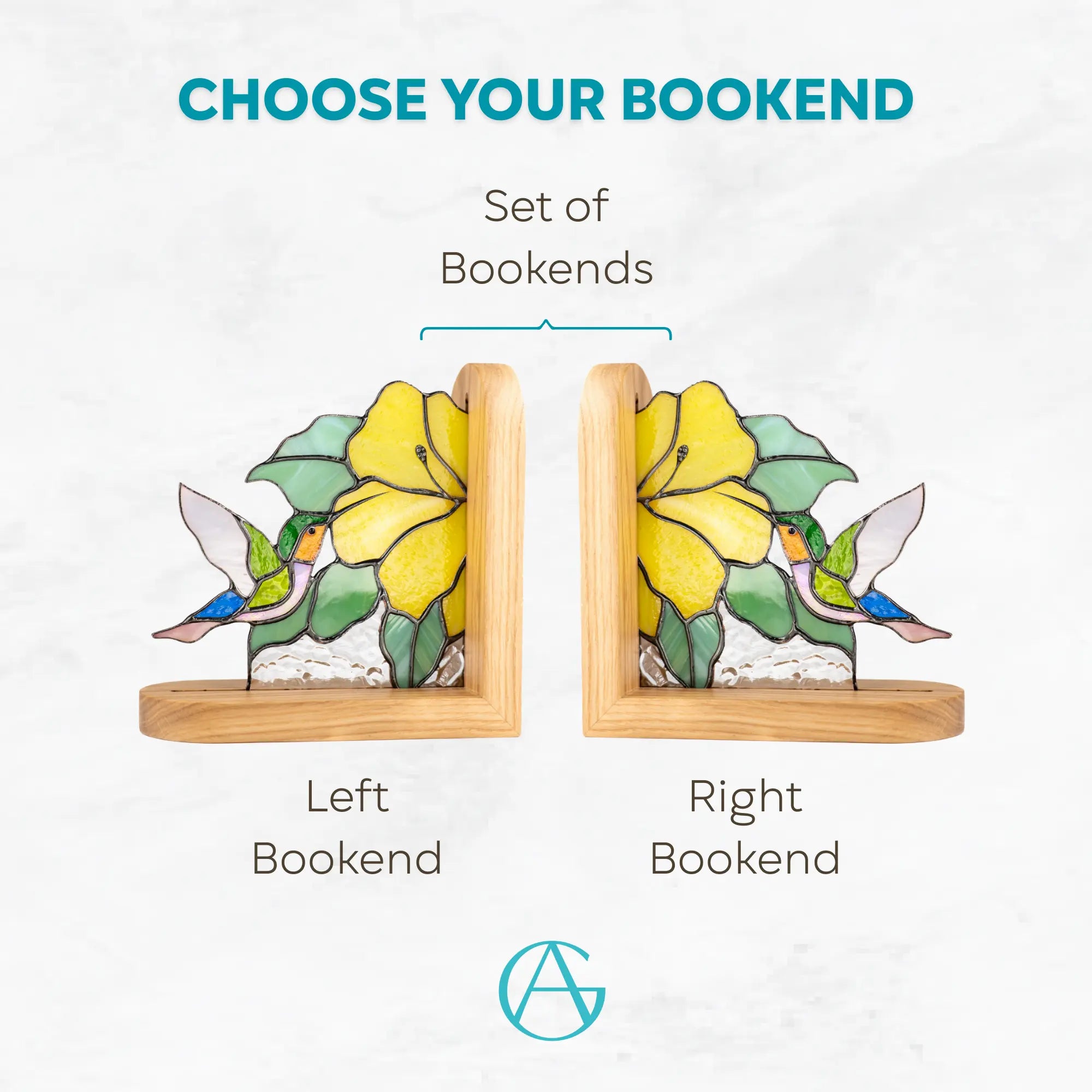 Variation of stained glass bookends with yellow flower and hummingbird: