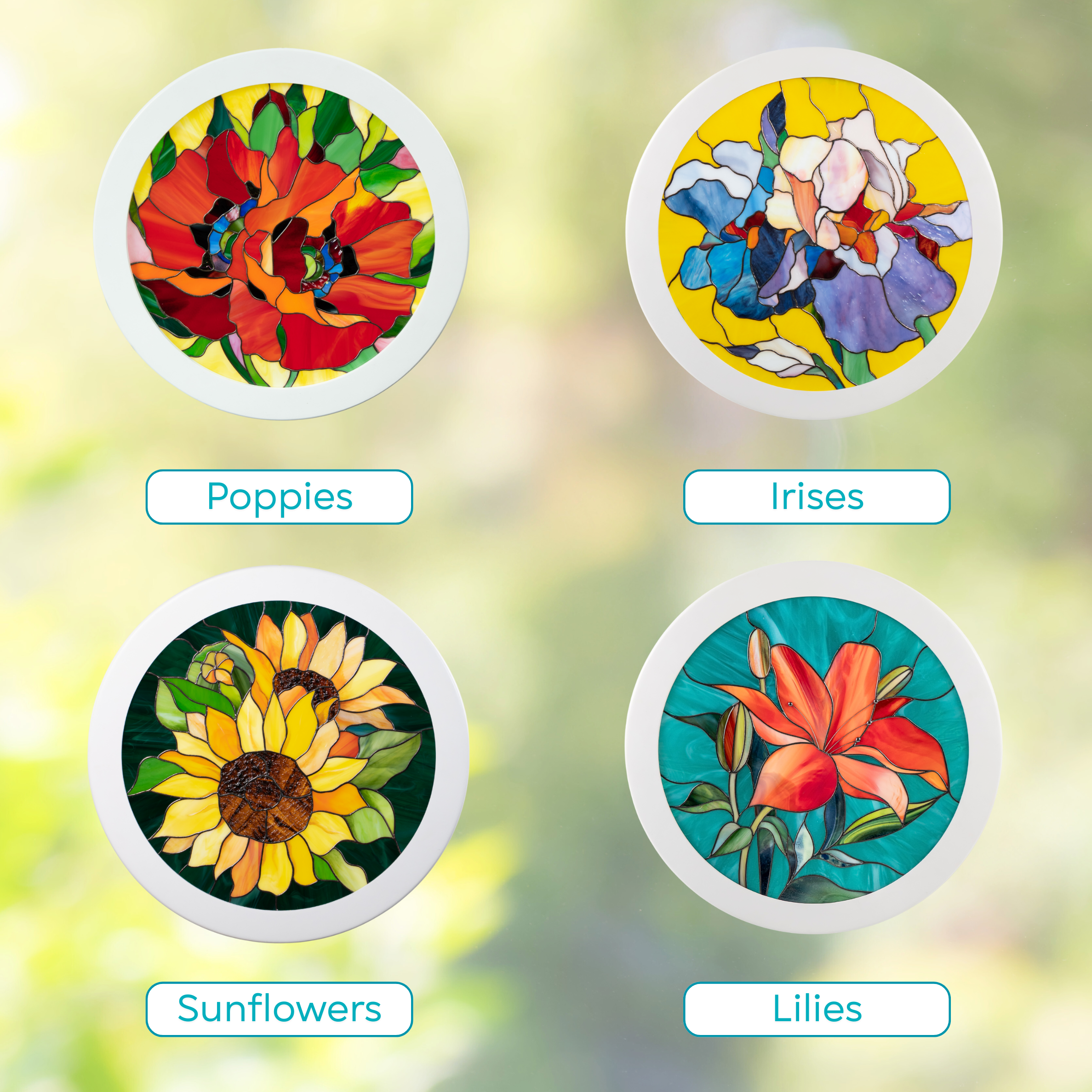 Variation of four round panels with different flowers: lilies, poppies, irises, sunflowers