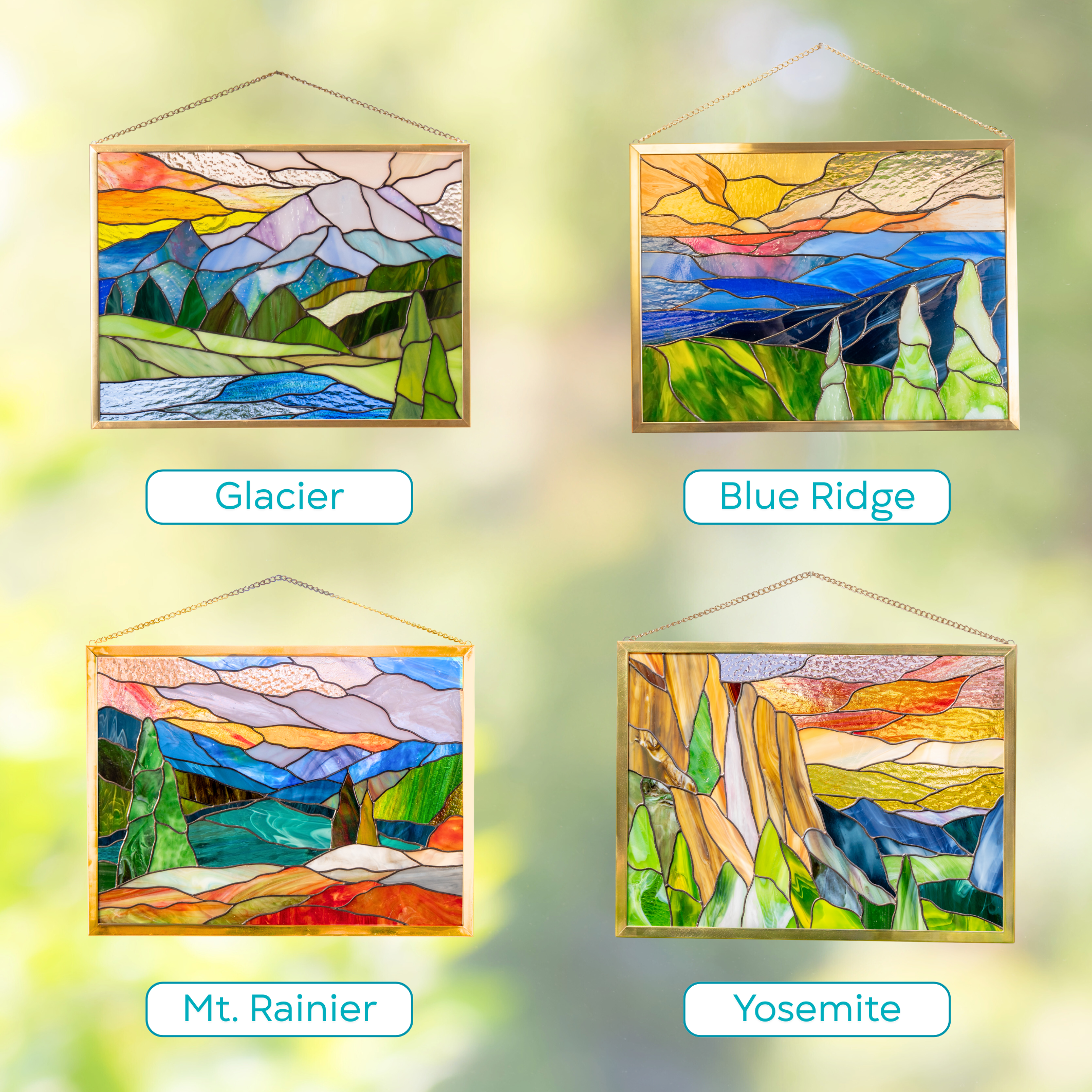 Variation of four stained glass panels featuring different national parks and mountains in golden frames.