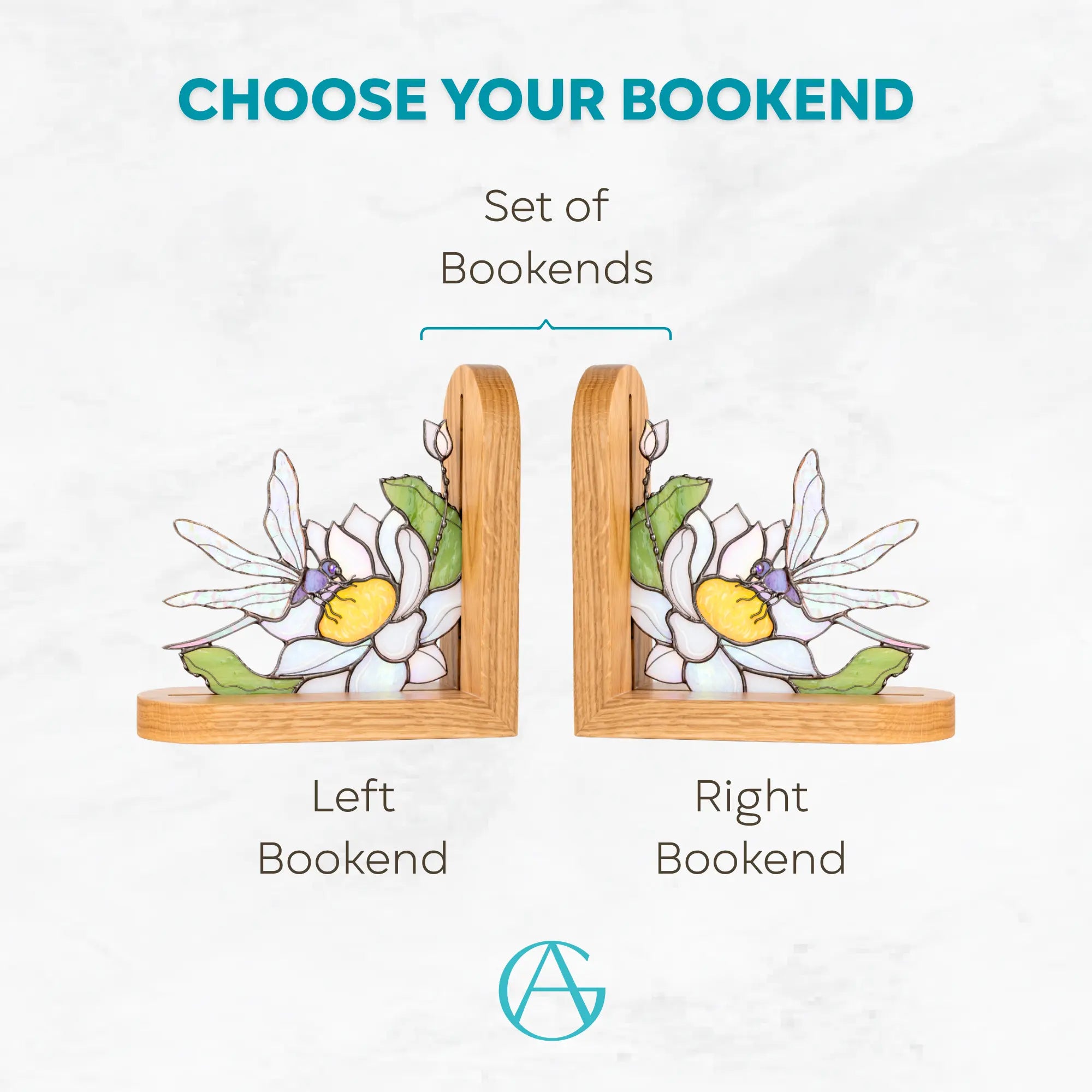 Variation of of stained glass bookends with floral and dragonfly design: left bookend, right bookend and set of both