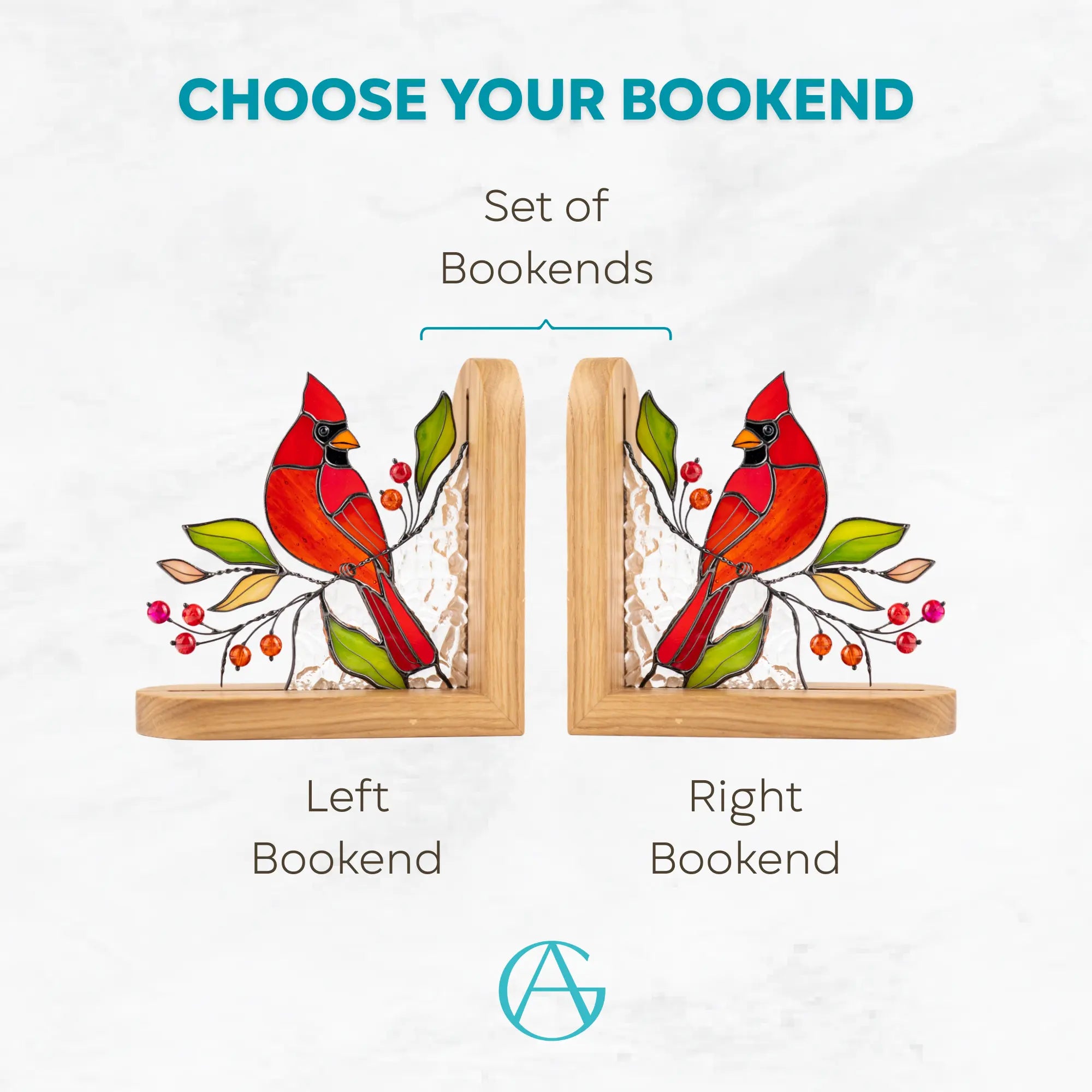 Infographic comparing left and right stained glass cardinal bookends shown as a matching decorative set.
