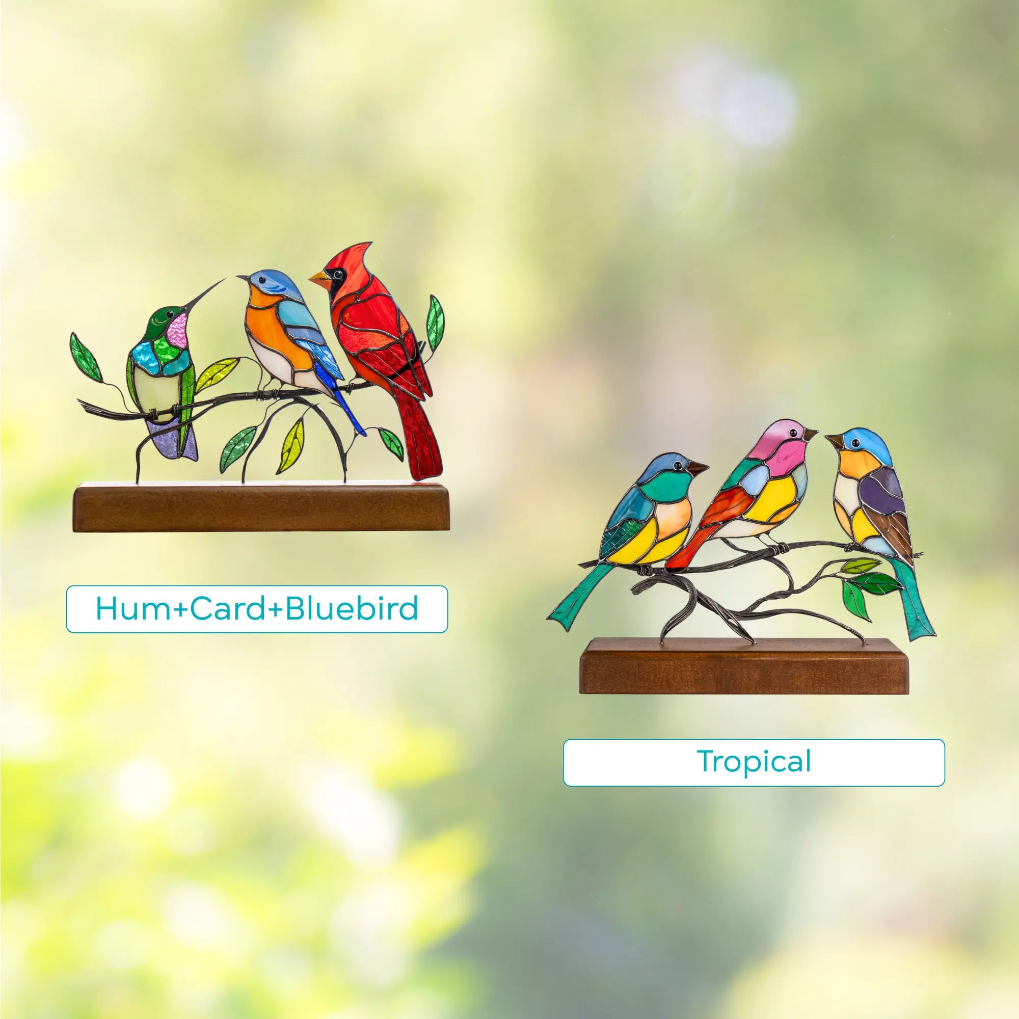 Variation of two stained glass panels with birds on the wooden base: hum+card+blueird or tropical