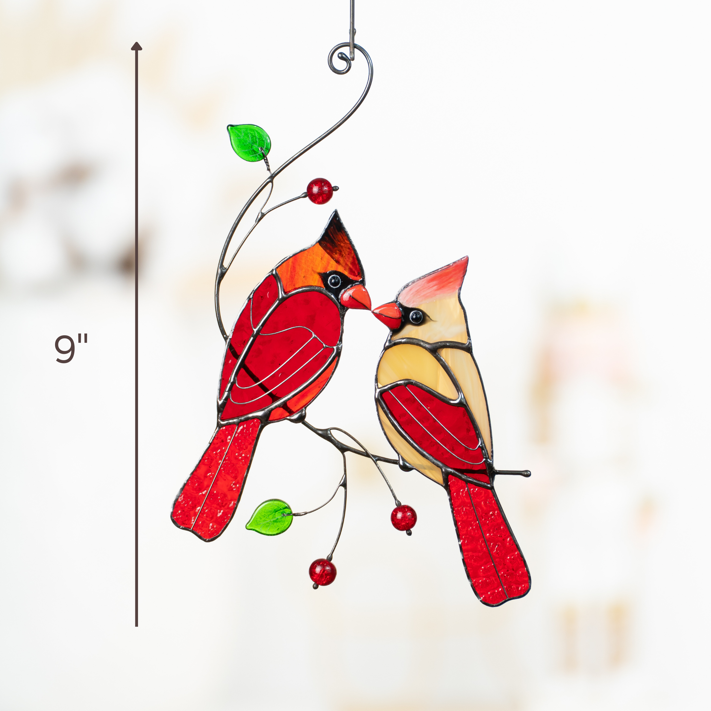 Stained glass suncatcher featuring cardinal couple with beads, 9" tall – vibrant window hanging for home or garden.