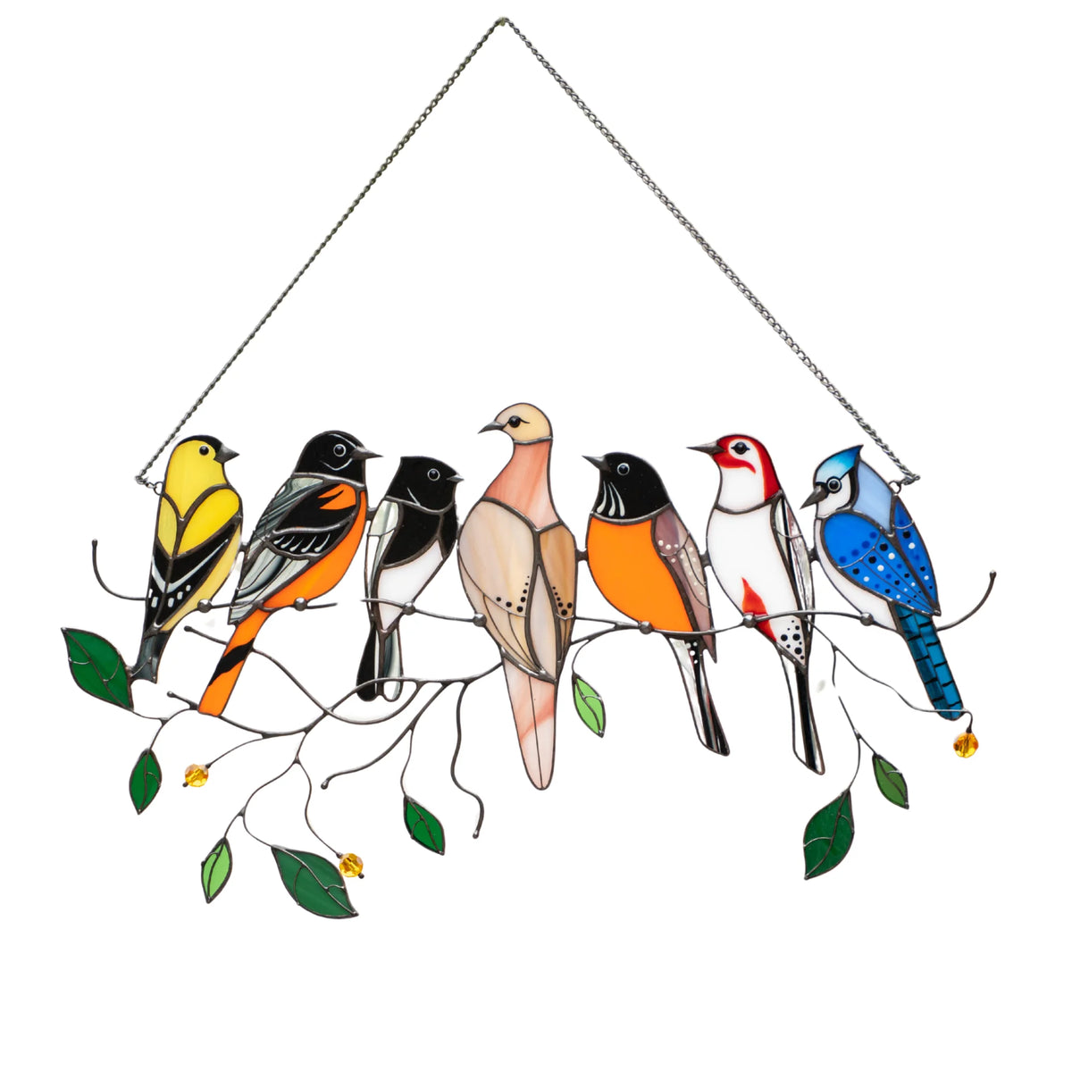 Stained glass art piece featuring seven birds perched on a branch with green leaves and yellow beads, presented on a white background.