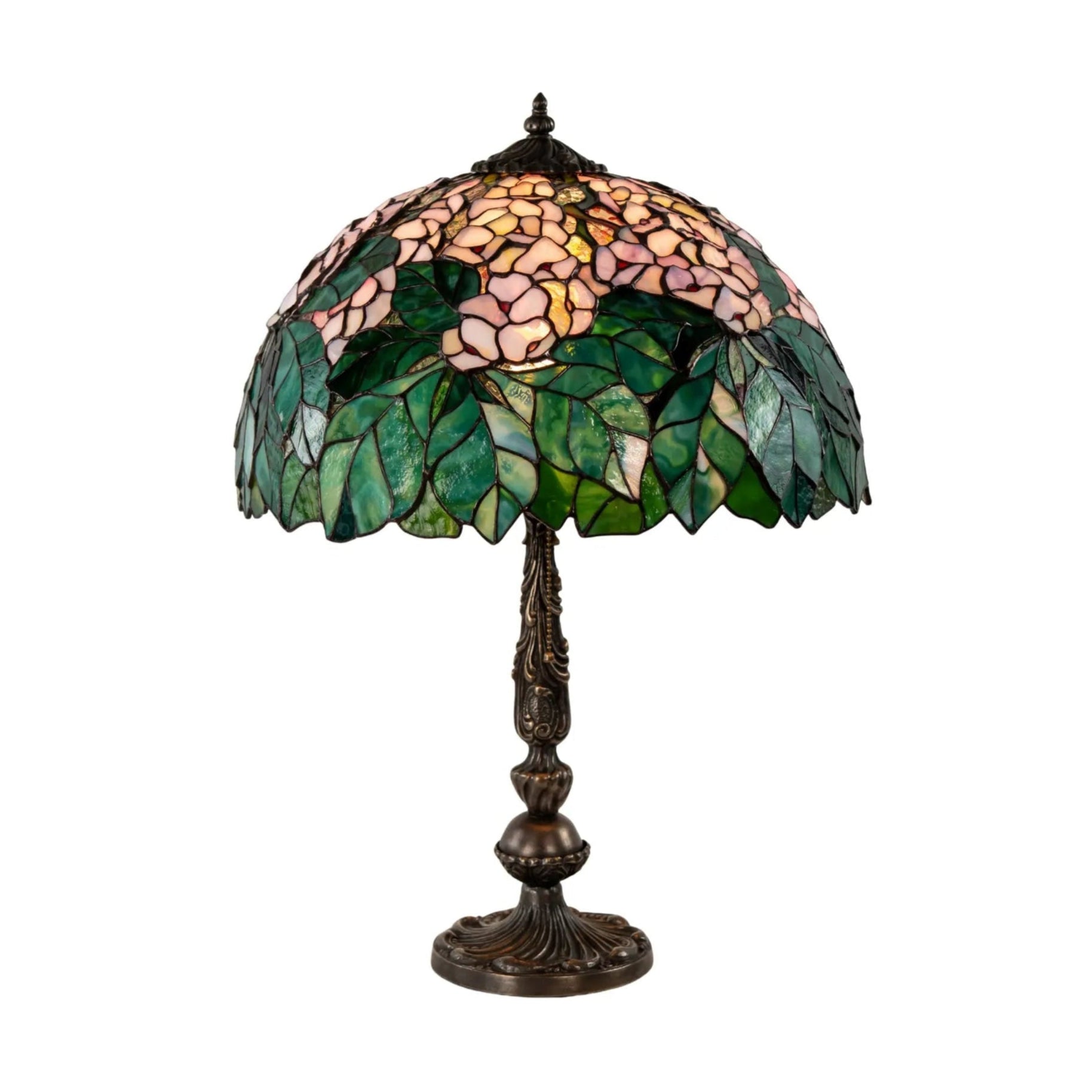 Isolated image of stained glass lamp with green leaf and pink chestnut design on white background