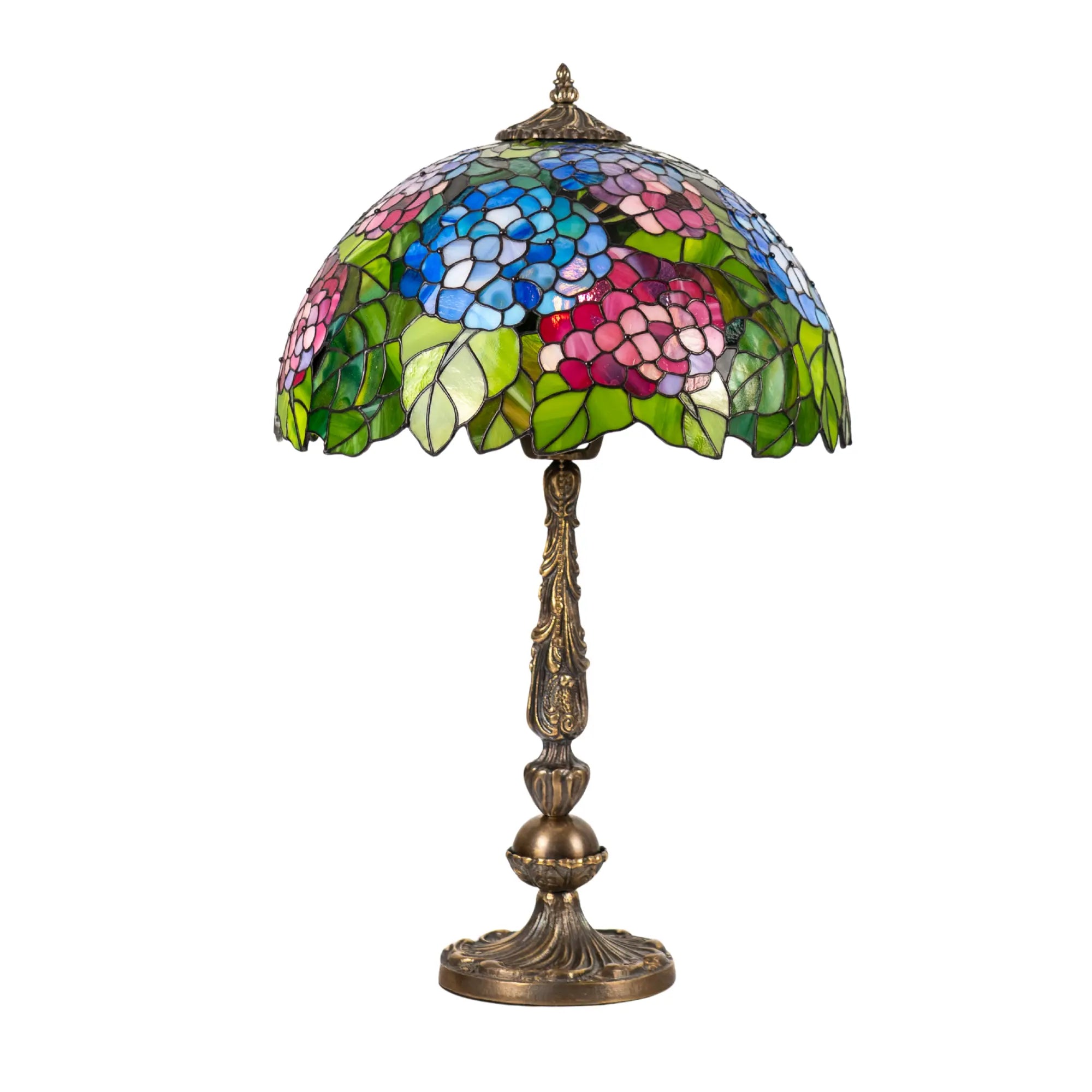 Tiffany-style lamp with blue and pink hydrangeas and ornate bronze base on white background.