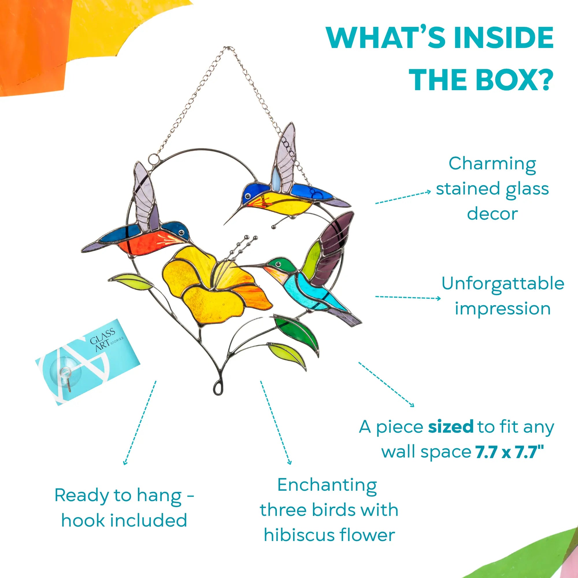 Stained glass suncatcher with thee hummingbirds and hibiscus flowers, featuring box contents.