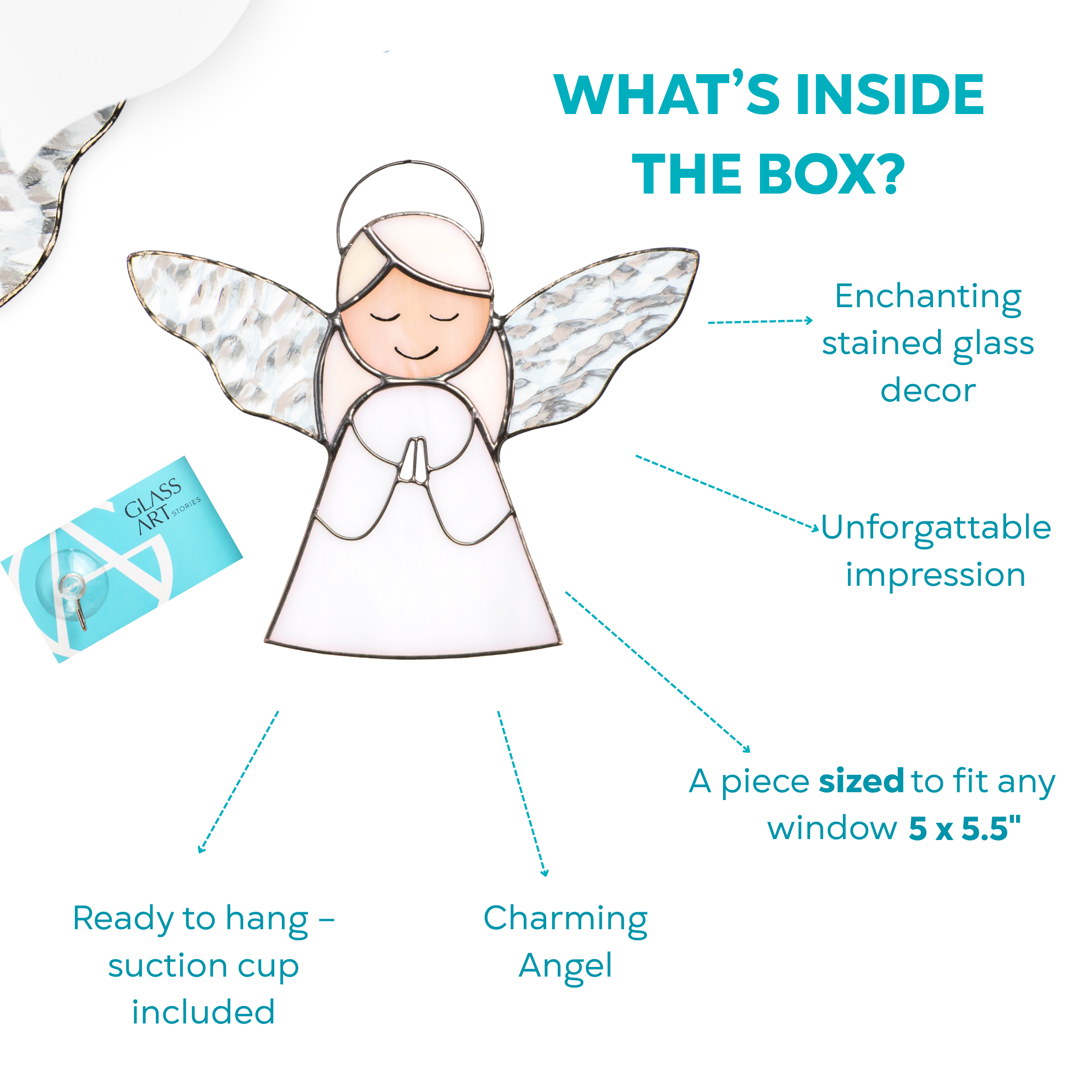 Infographic showing contents of the package: glass angel, branded card, and suction cup hanger.