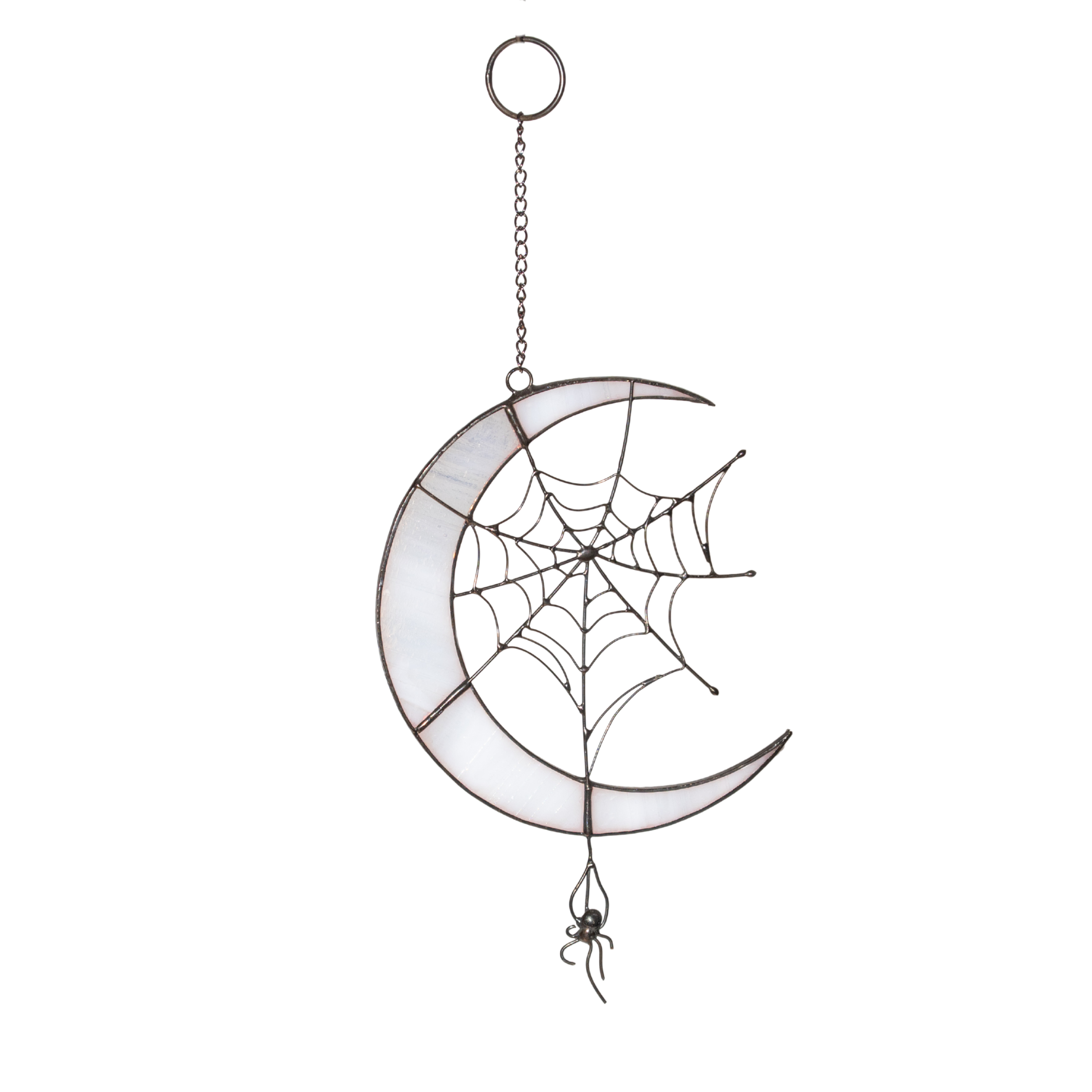 A white stained glass crescent moon with an intricate spider web and a small spider hanging below.