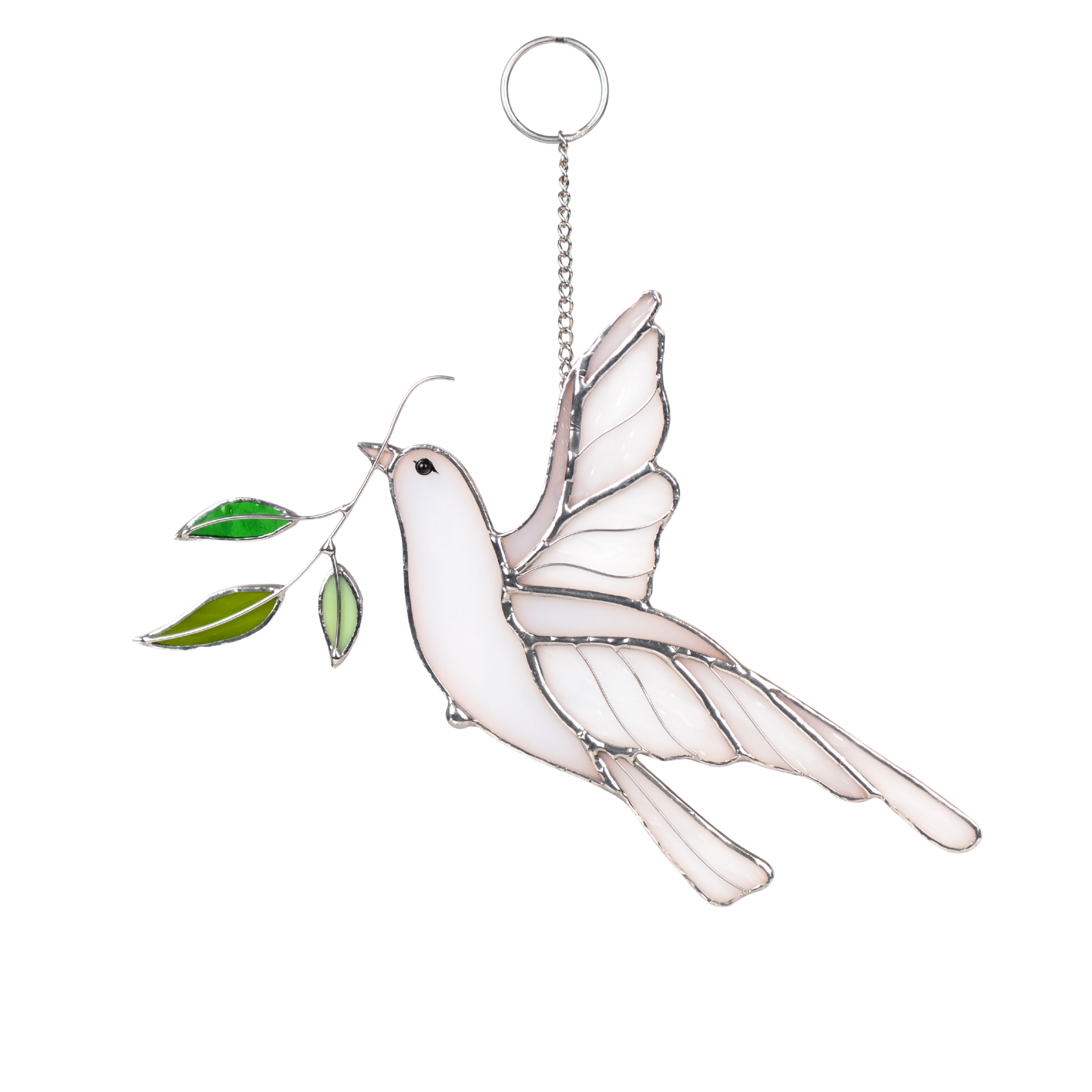 Stained glass dove suncatcher with white wings and green leaves, hanging on a metal chain.