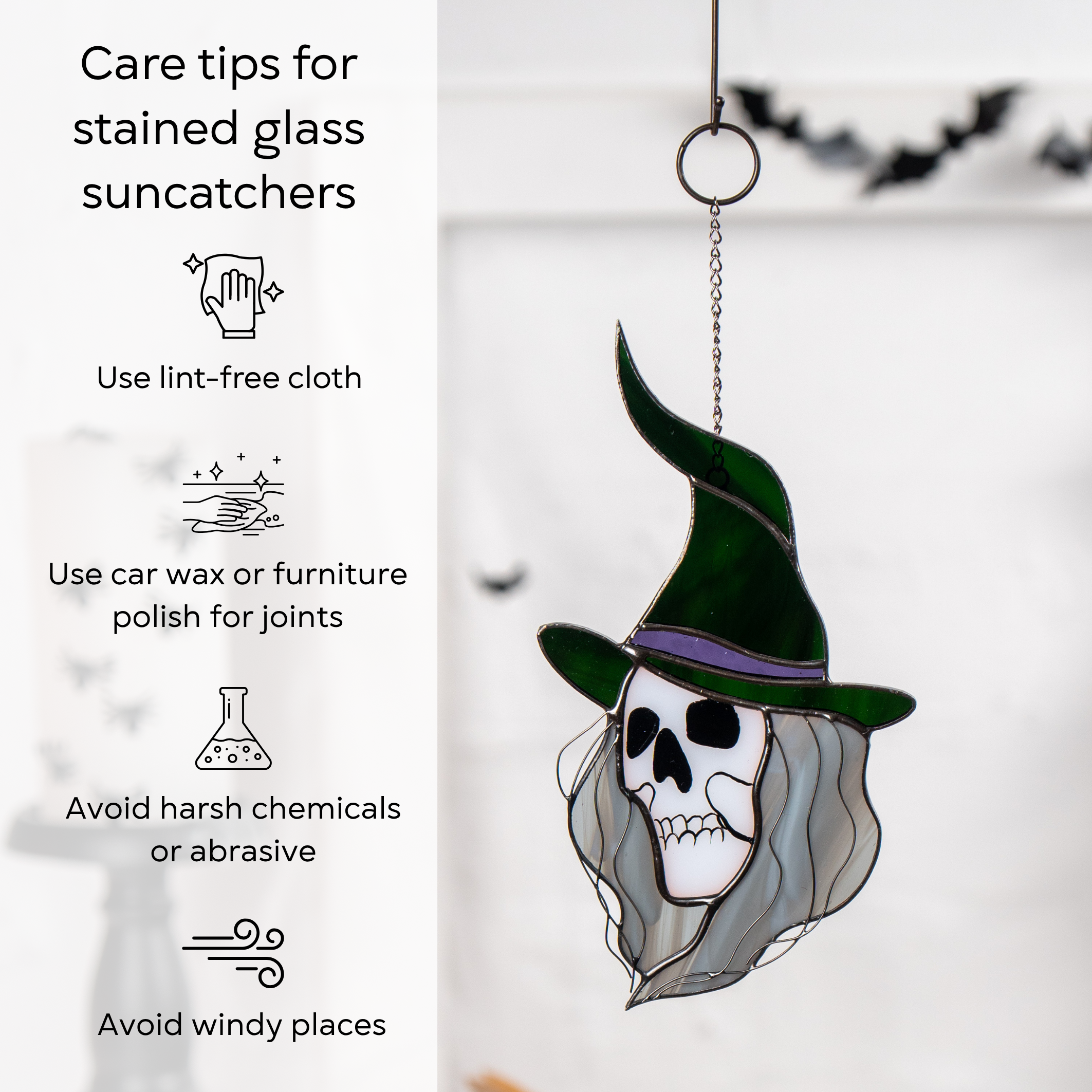 Glass witch suncatcher shown in Halloween-themed room with bats, flowers and white candle with care tips beside: use lint-free cloth, polish joints with car wax or furniture polish, avoid harsh chemicals, and windy places.