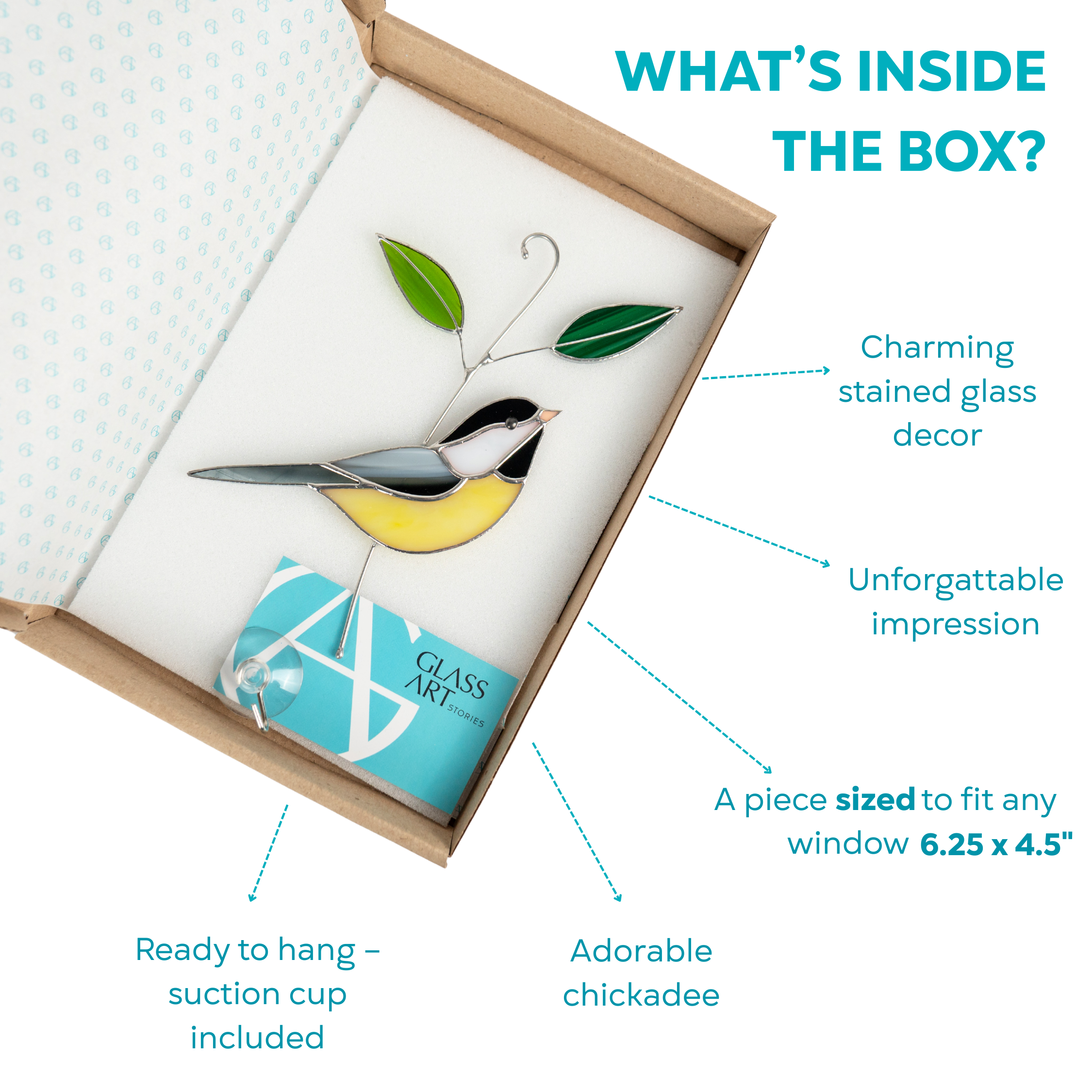 Ready-to-gift stained glass chickadee suncatcher with suction cup – nature-inspired decor in branded packaging.