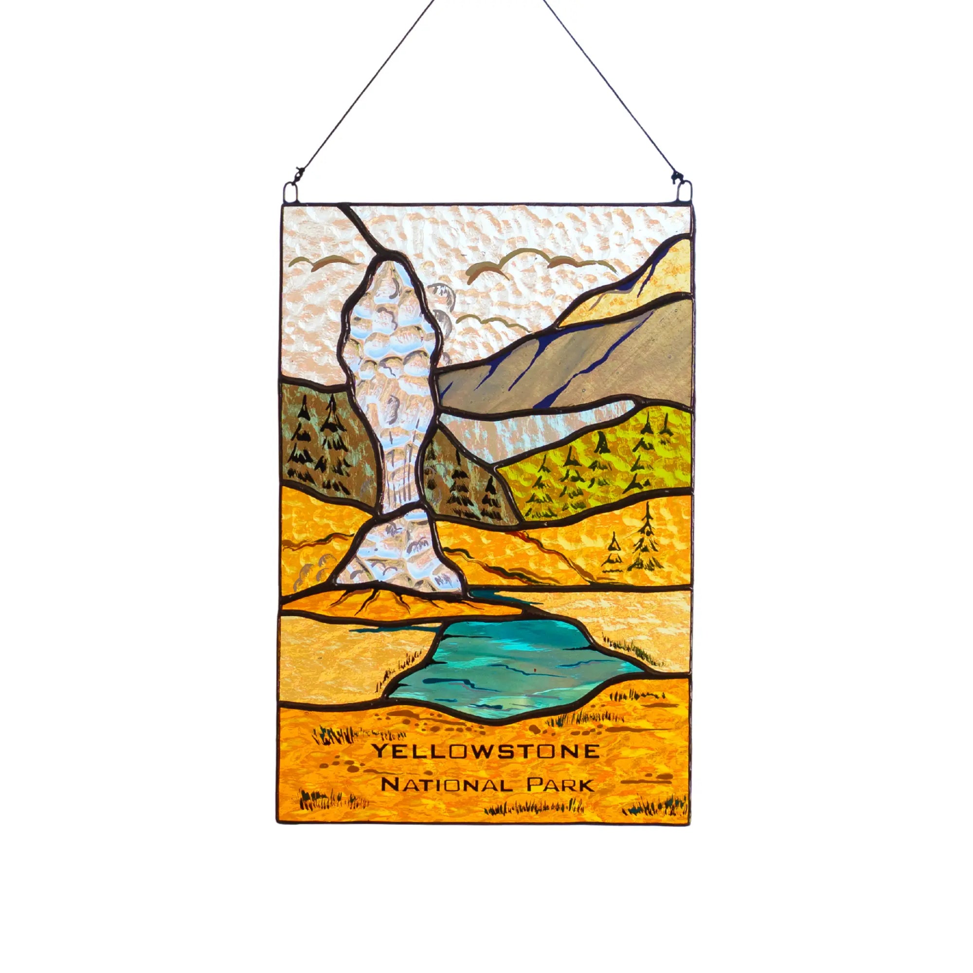 A rectangular stained glass panel featuring the erupting Old Faithful geyser and mountains of Yellowstone National Park.