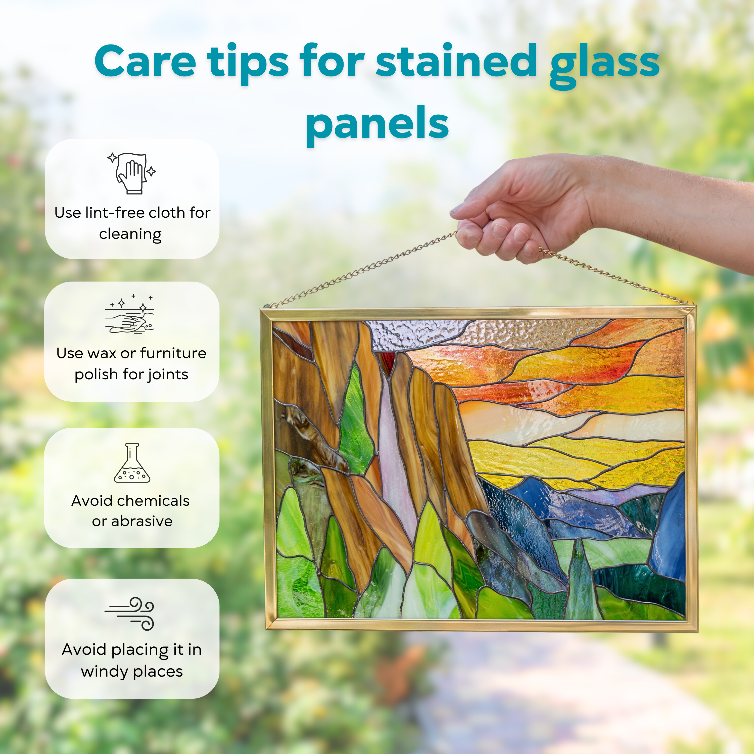 Infographic showing care instructions for the Yosemite stained glass panel: use soft cloth, no chemicals, polish, avoid wind.