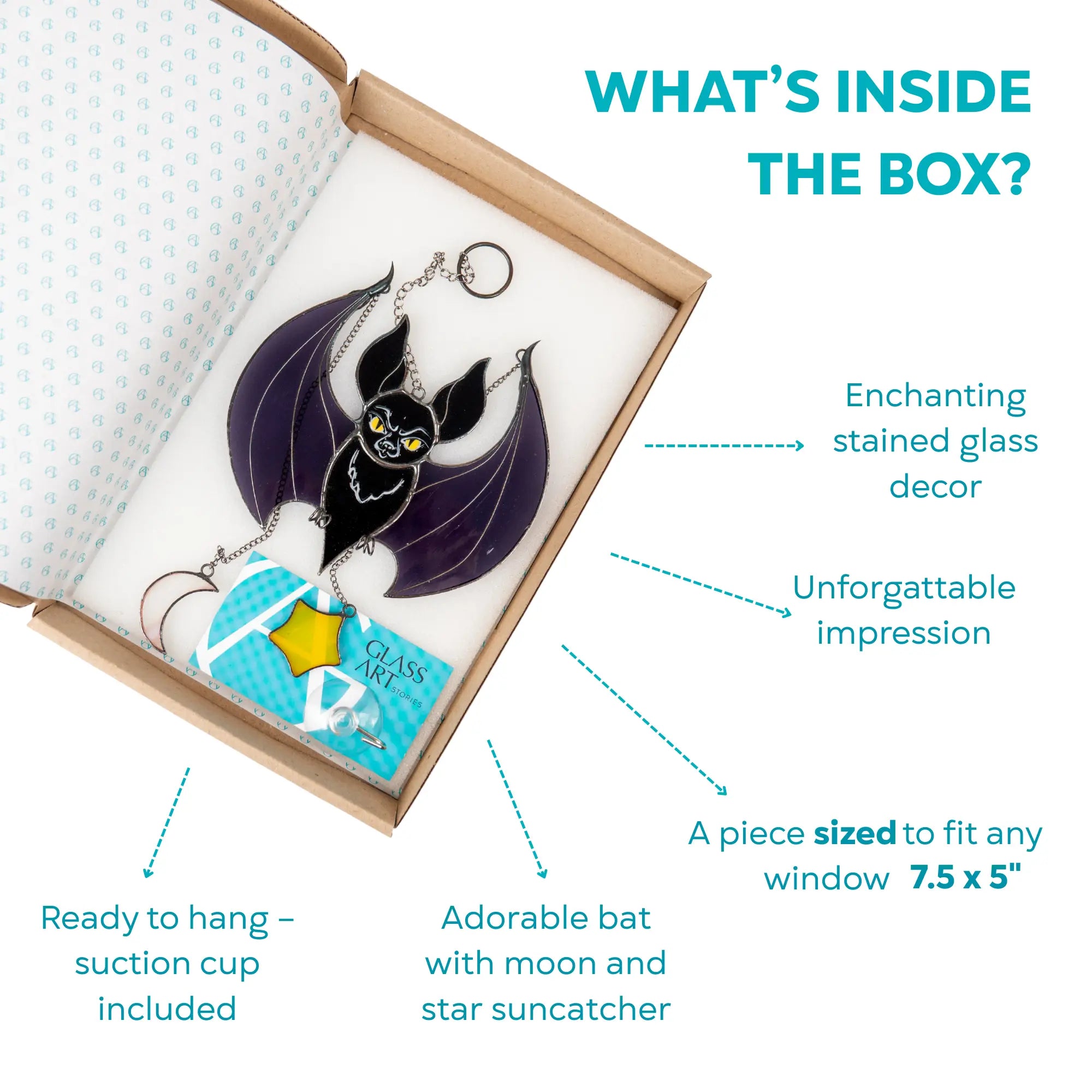 Black stained glass bat suncatcher set with suction cup and gift packaging