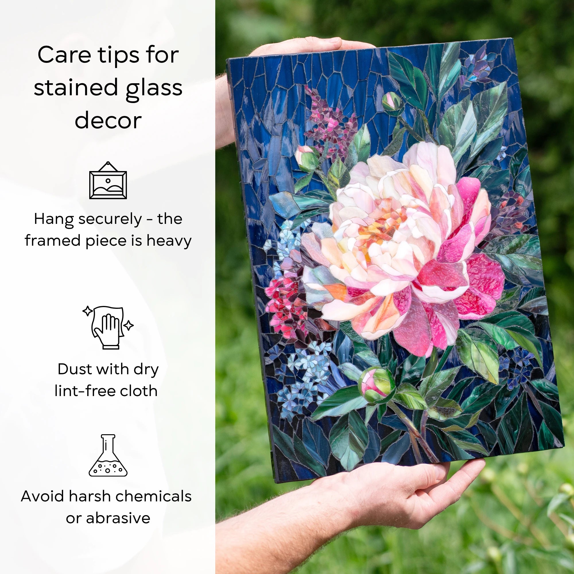 Peony stained glass mosaic with care tips — hang securely as the framed piece is heavy, dust with a dry lint-free cloth, and avoid harsh chemicals or abrasives — handmade stained glass wall art