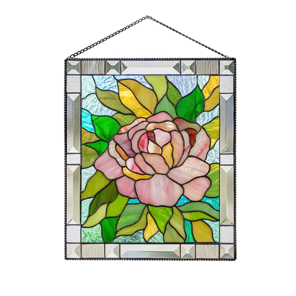 Stained glass panel with a pink peony design on a white background