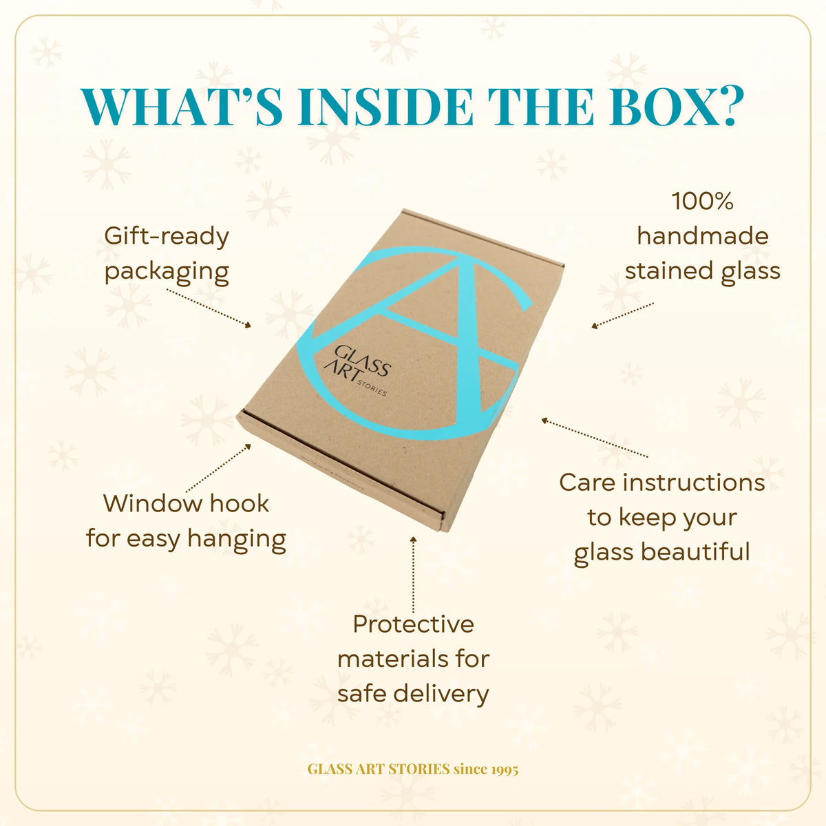 Glass Art Stories packaging with protective materials for safe delivery and window hook included