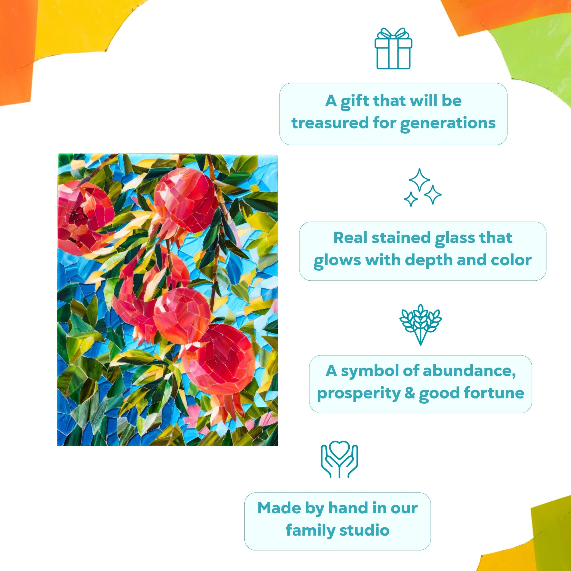 Pomegranate stained glass mosaic wall art - captivating handcrafted glass that comes alive in the sun, an intricate hand-cut mosaic and a symbol of prosperity and abundance for any space in the home