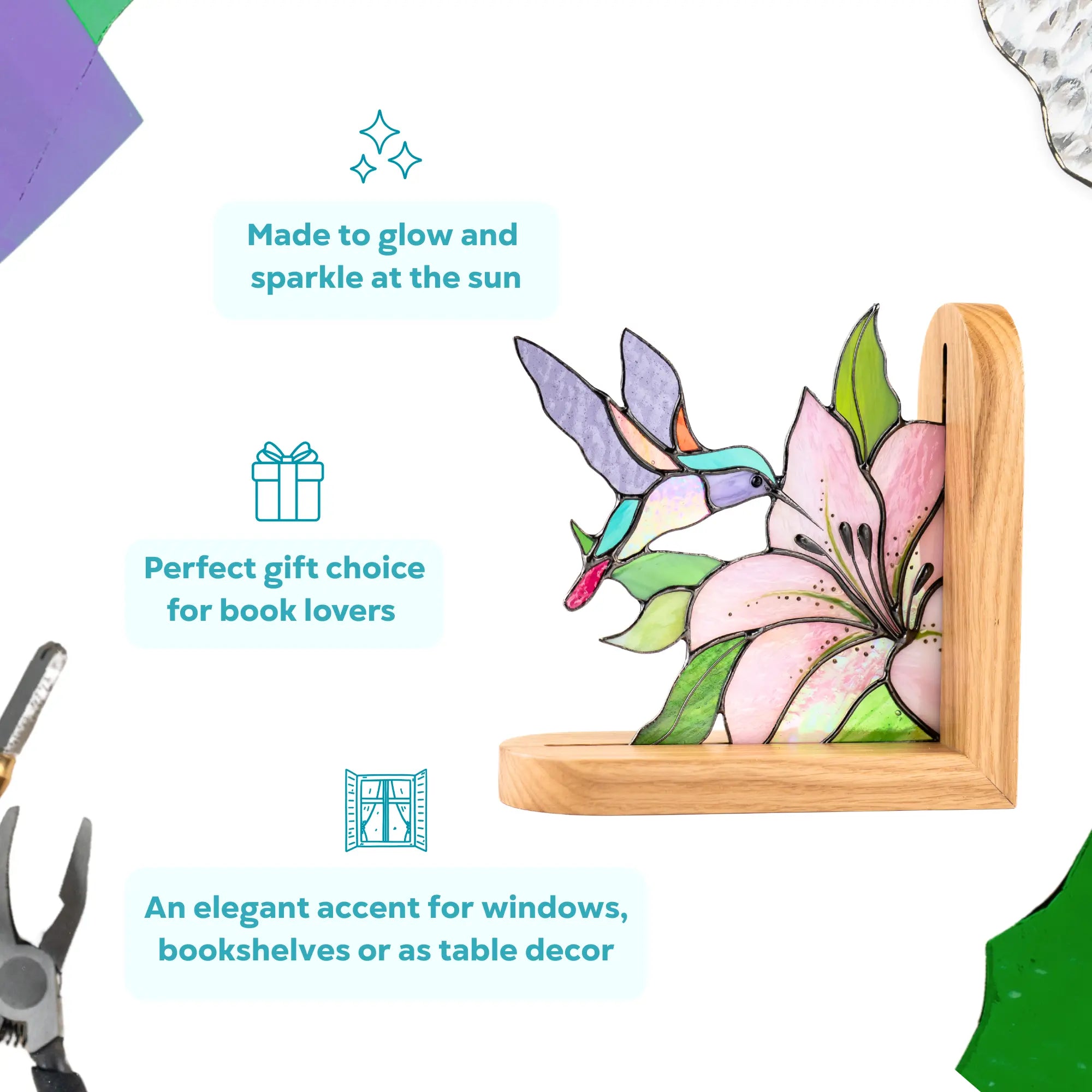 Stained glass bookend with hummingbird and floral design on a wooden frame, as a gift for book lovers