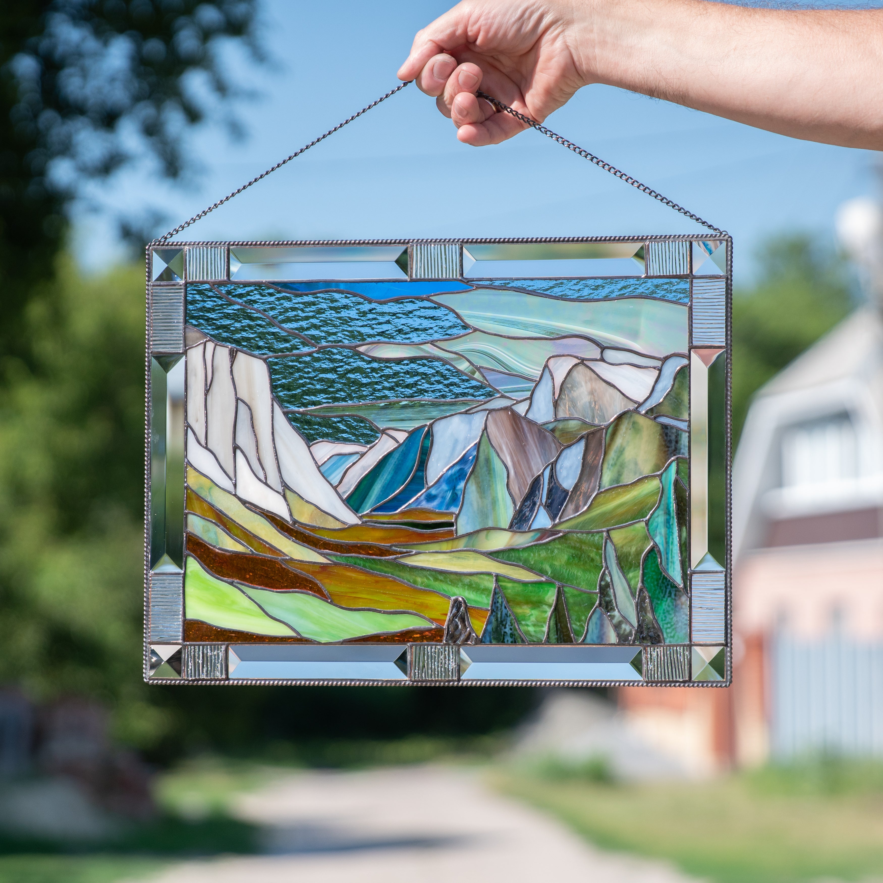 Stained glass California Yosemite national park with its mountains panel