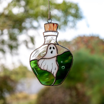 Halloween stained glass ghost in the bottle suncatcher