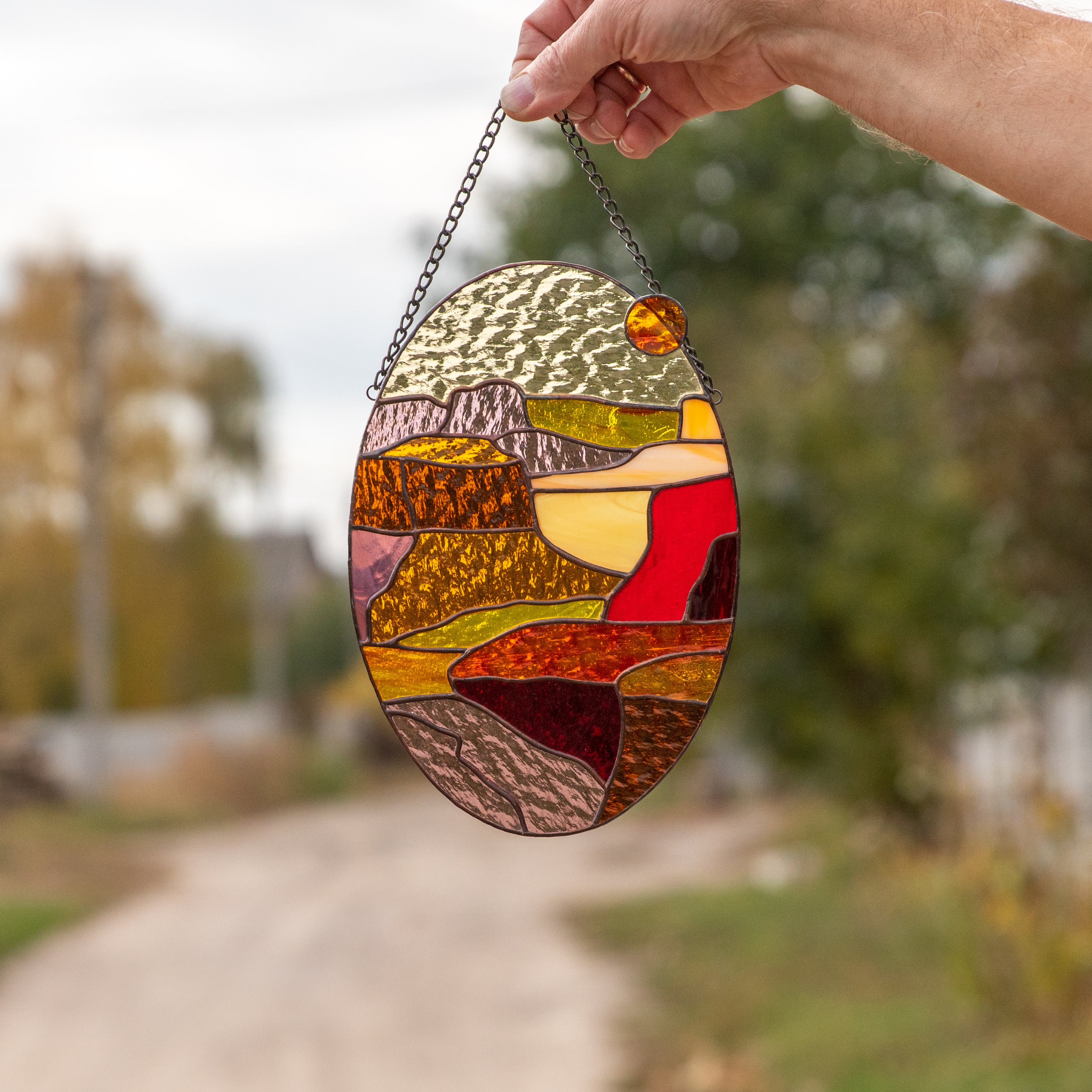 Arizona stained glass oval window hanging panel