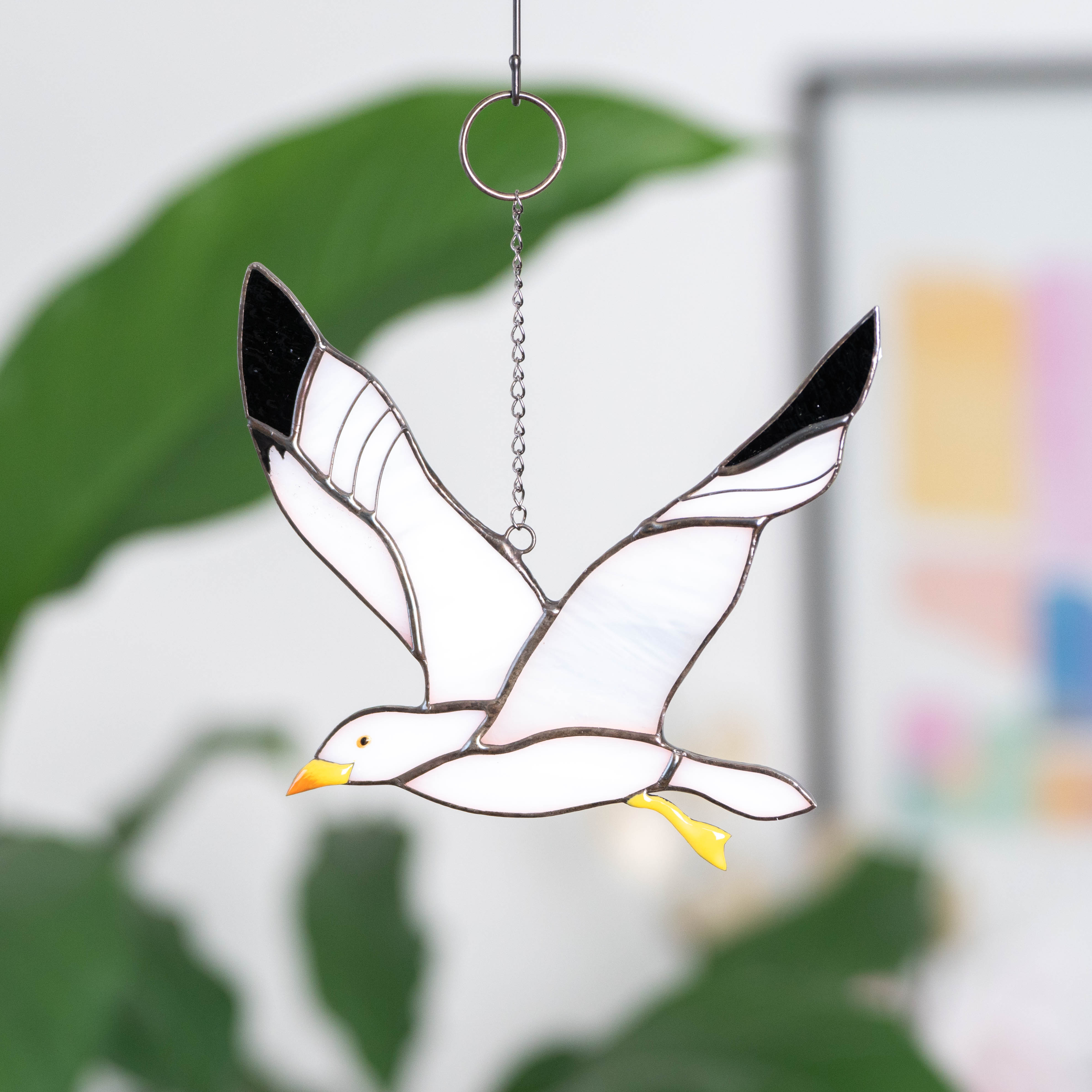 Stained glass seagull window hanging for beach house decor