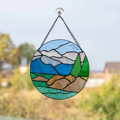 Lake Tahoe round panel of stained glass
