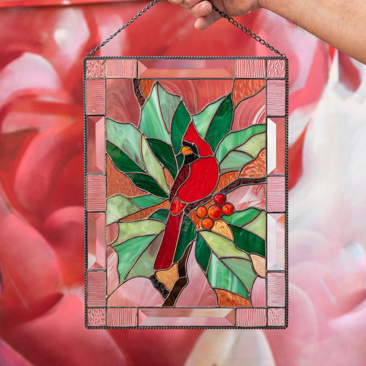 Stained glass cardinal with leaves and berries window hanging panel