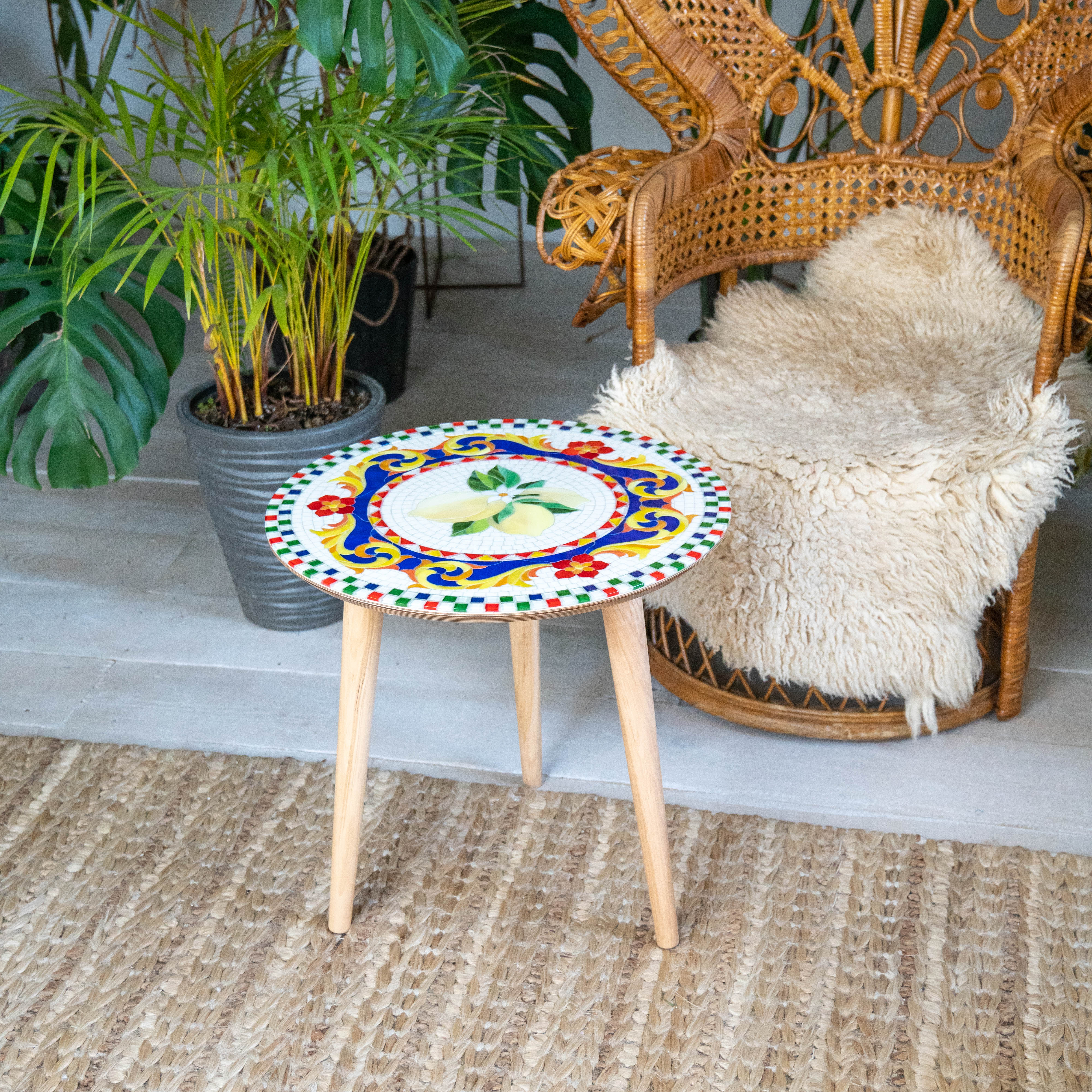 Stained glass mosaic coffee table depicting lemons in Dolce&Gabbana style