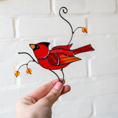 Male red cardinal suncatcher of stained glass for home decor