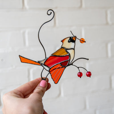 Colourful stained glass female cardinal suncatcher for window decor