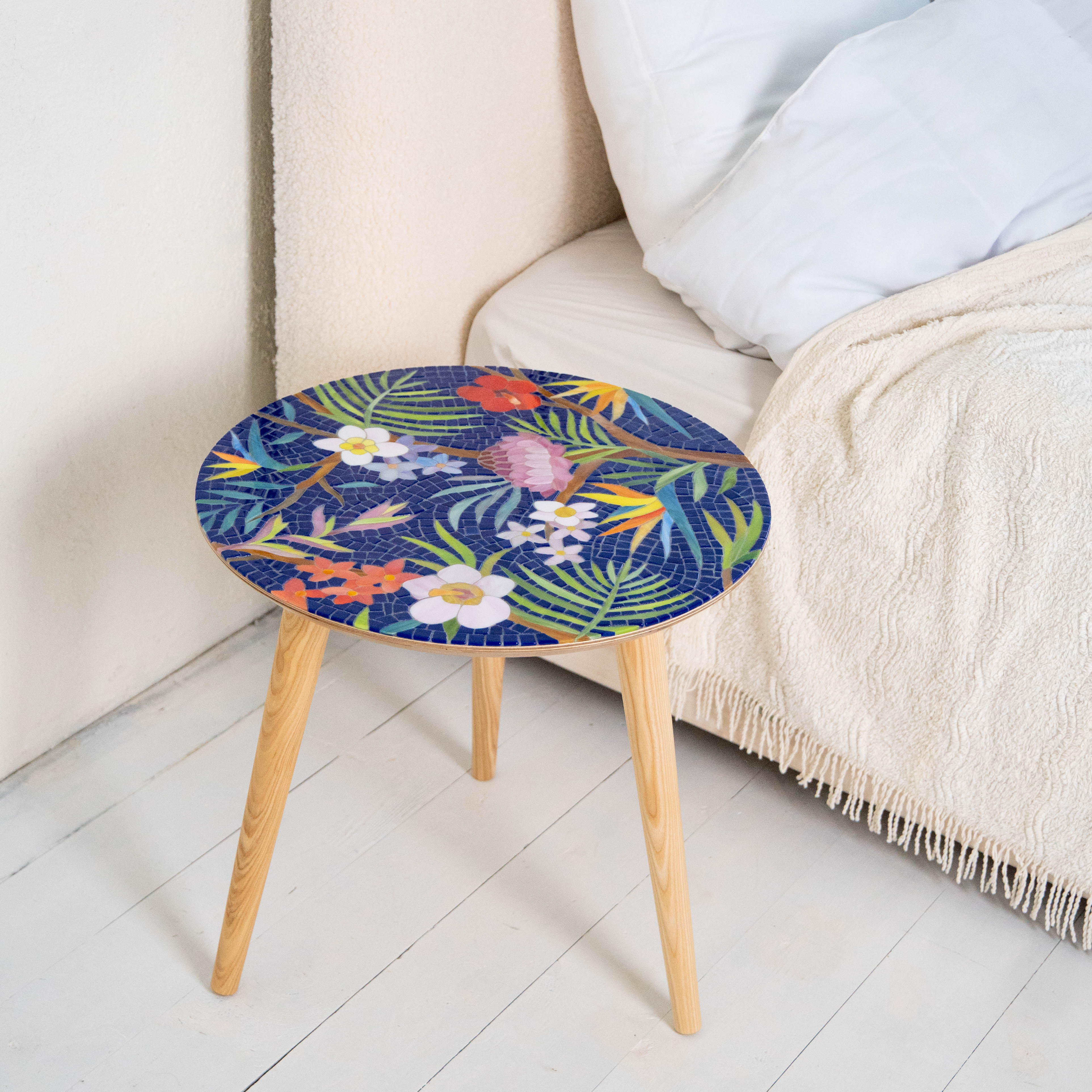 Stained glass mosaic coffee table with tropical pattern