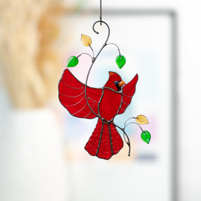 Stained glass flying red cardinal window hanging 