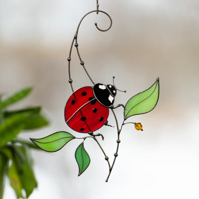 Stained glass ladybug window hanging