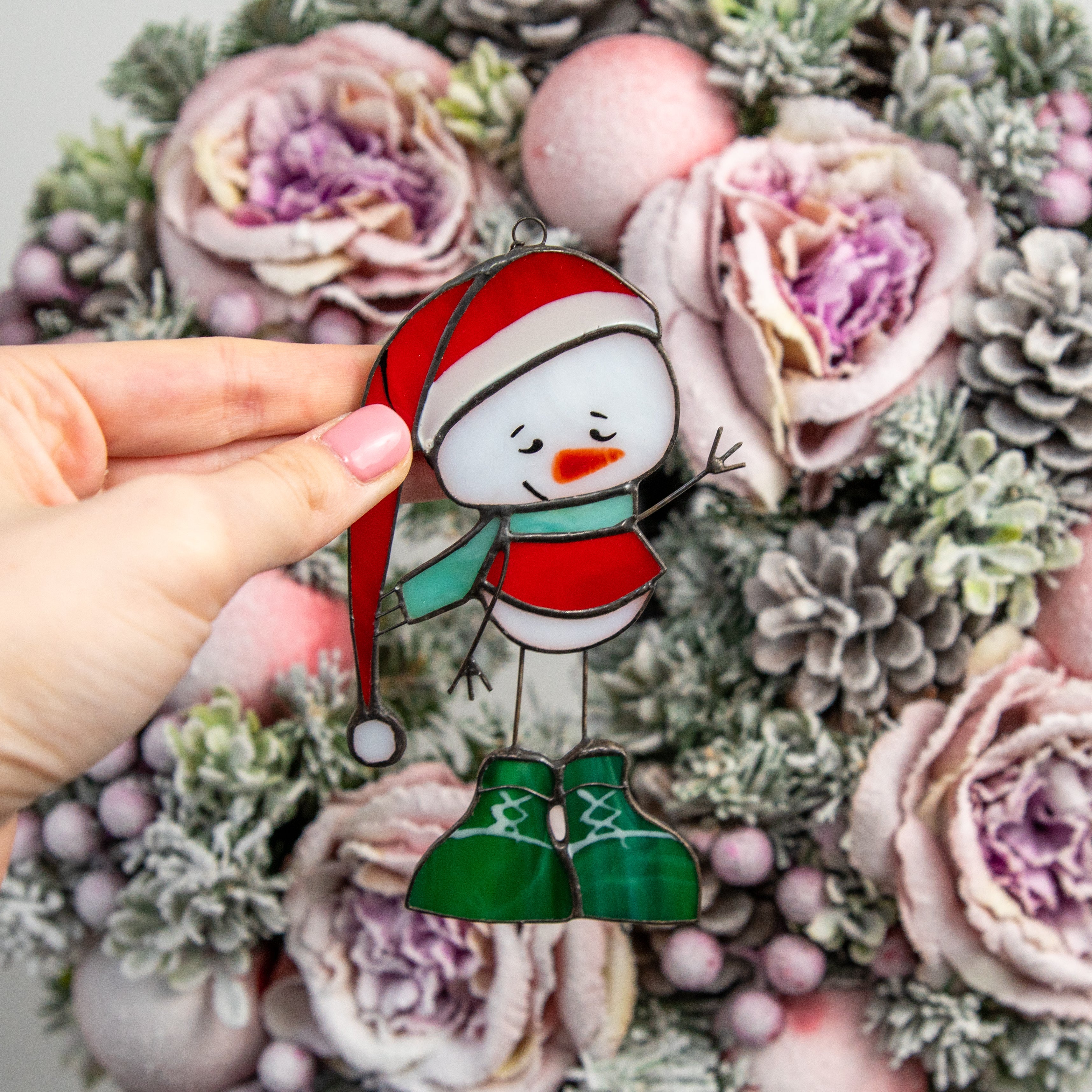 Kind stained glass snowman suncatcher for Christmas window decor